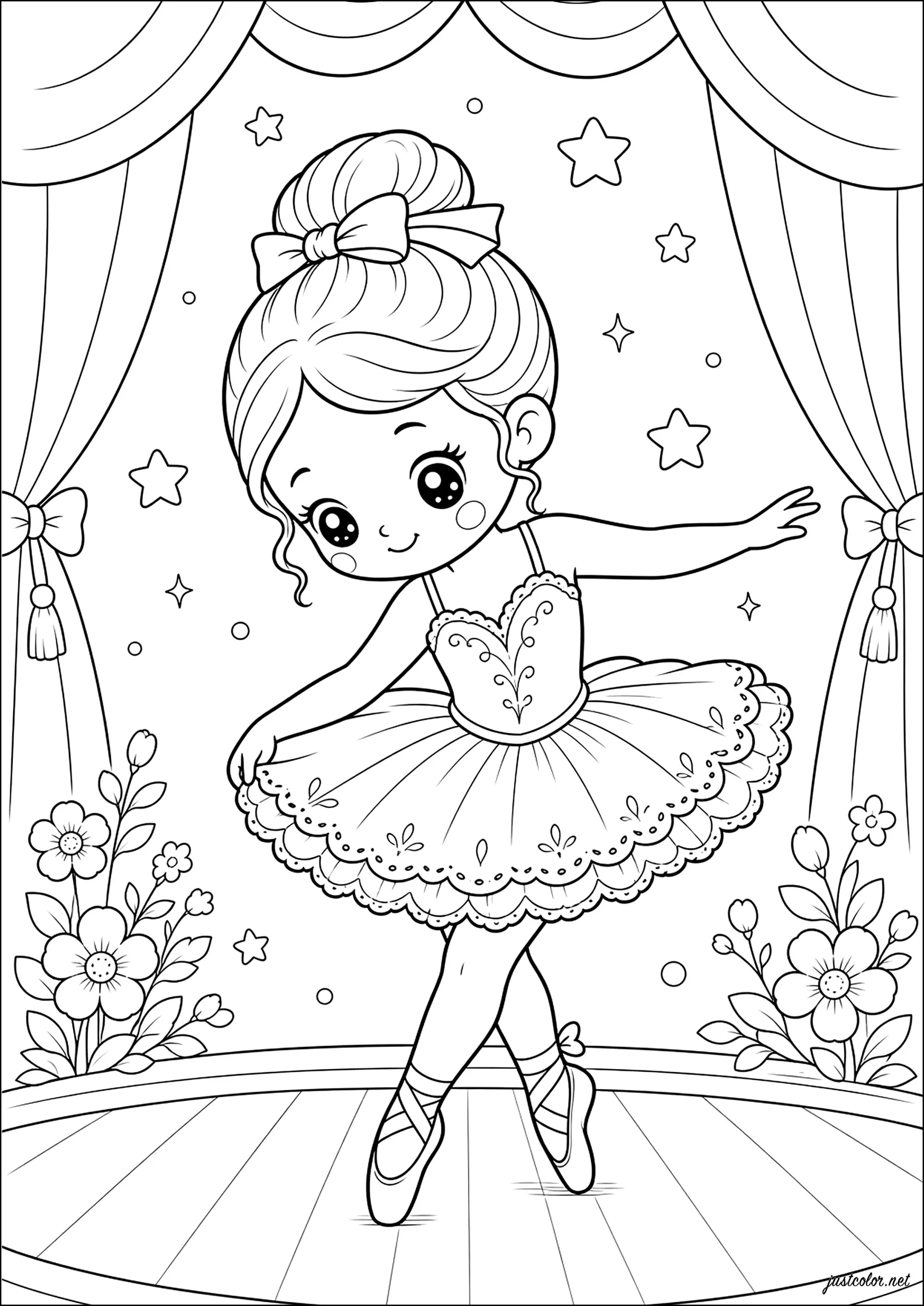 Kleine Tänzerin auf sternenübersäter Bühne (Ausmalbild von Balletttänzerinnen zum Ausdrucken und Ausmalen für Kinder)