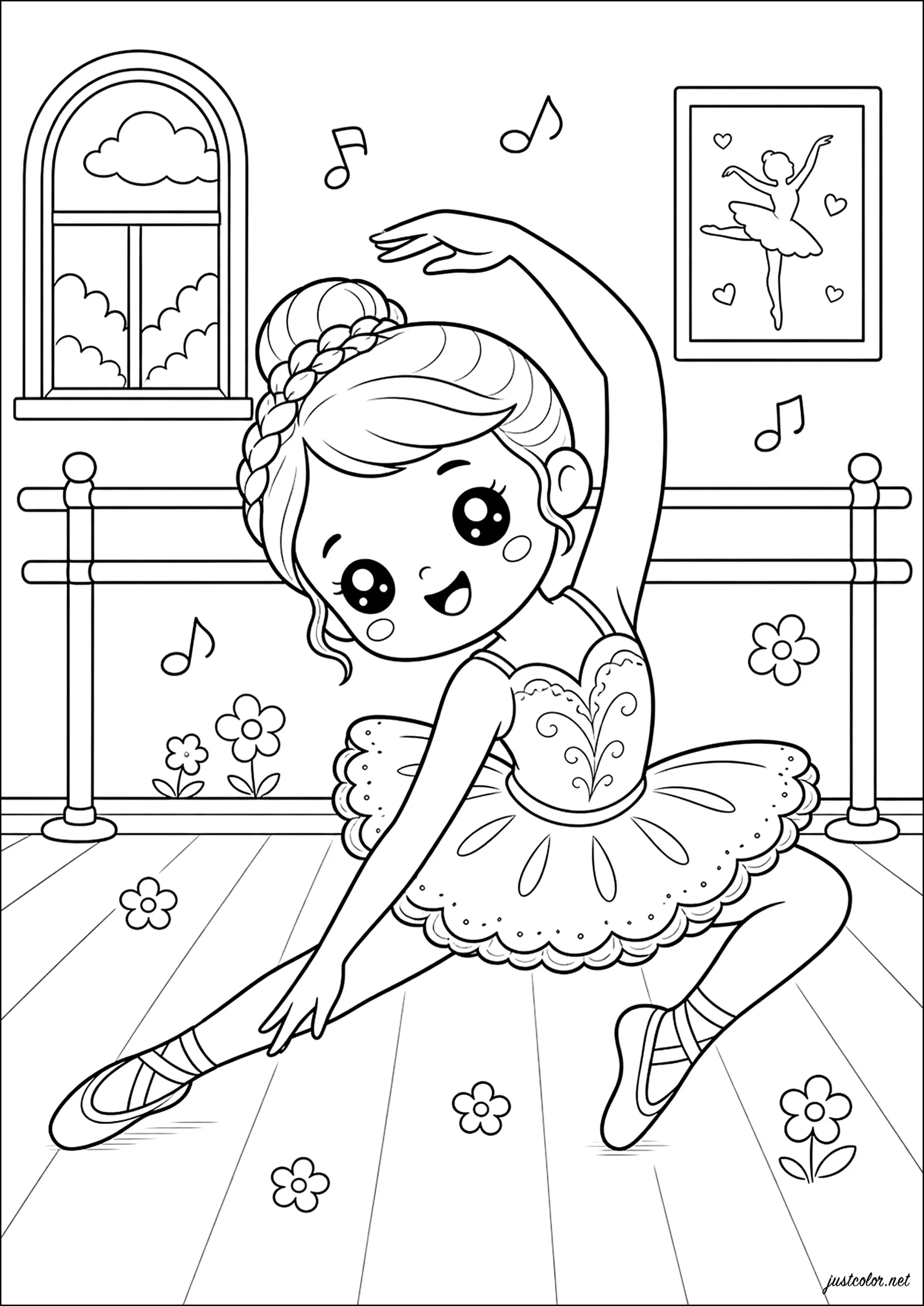 Anmutige junge Kindertänzerin (Ausmalbild von Balletttänzerinnen zum Ausdrucken und Ausmalen für Kinder)