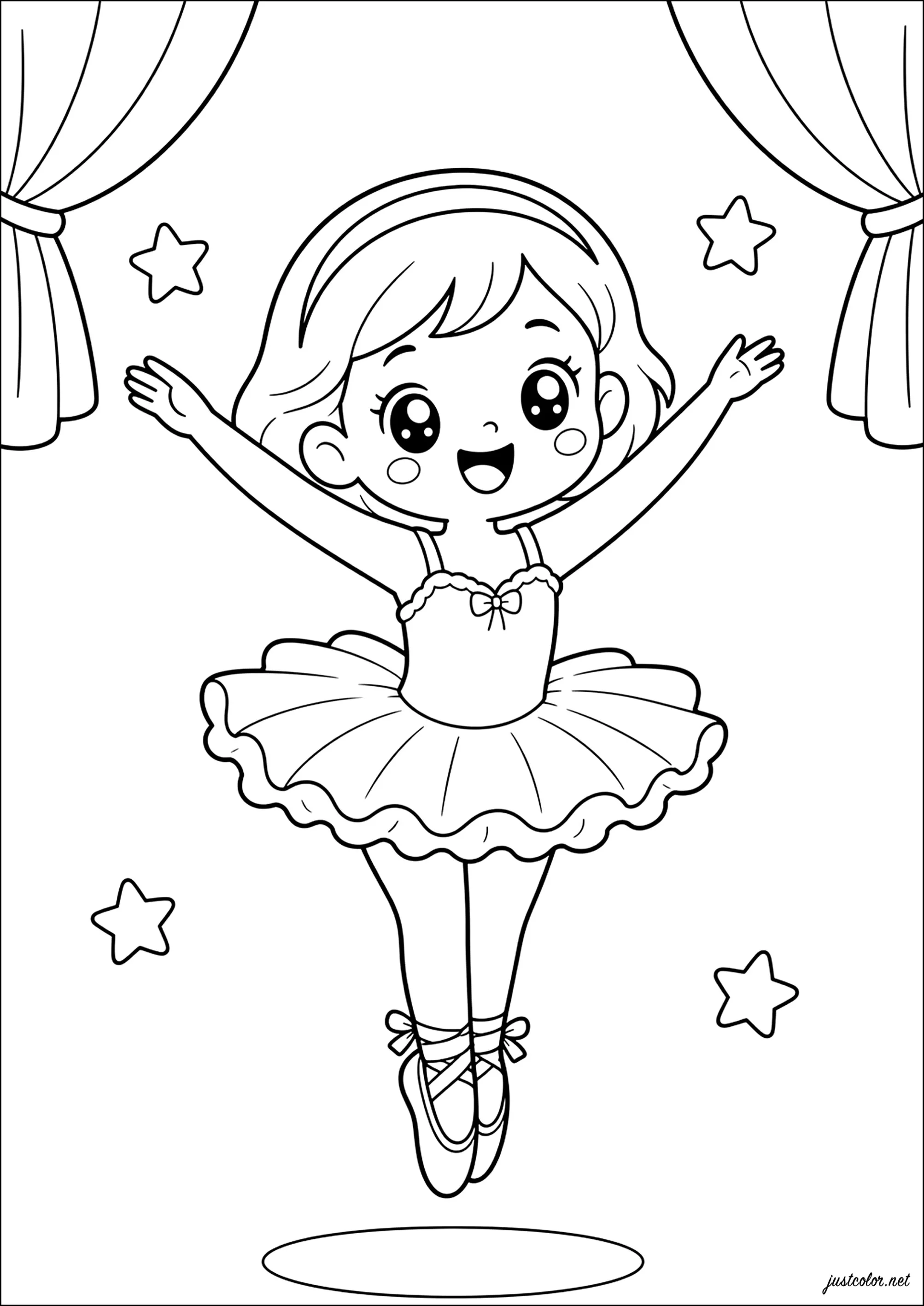 Kleine Sternballerina auf der Bühne (Ausmalbild von Balletttänzerinnen zum Ausdrucken und Ausmalen für Kinder)