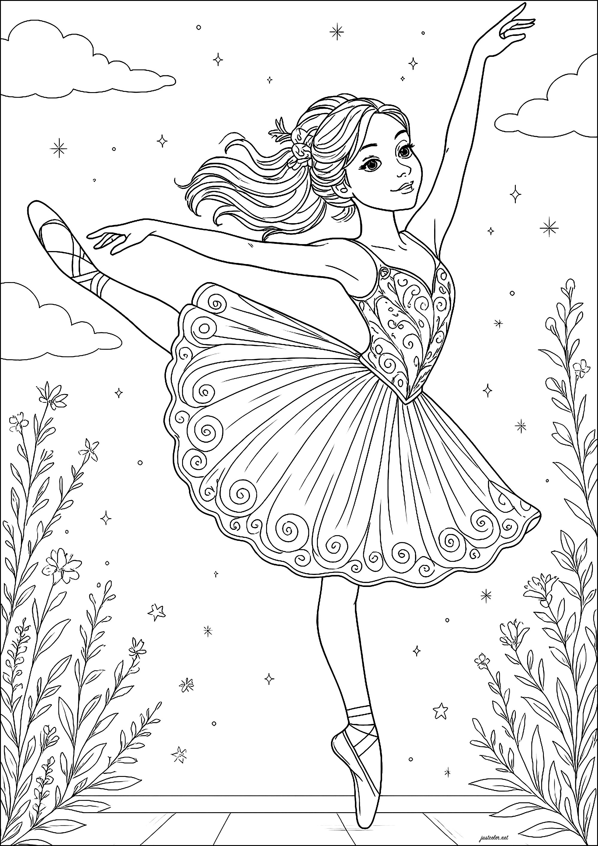 Hübsche Balerin beim Tanzen im Freien (Ausmalbild von Balletttänzerinnen zum Ausdrucken und Ausmalen für Kinder)