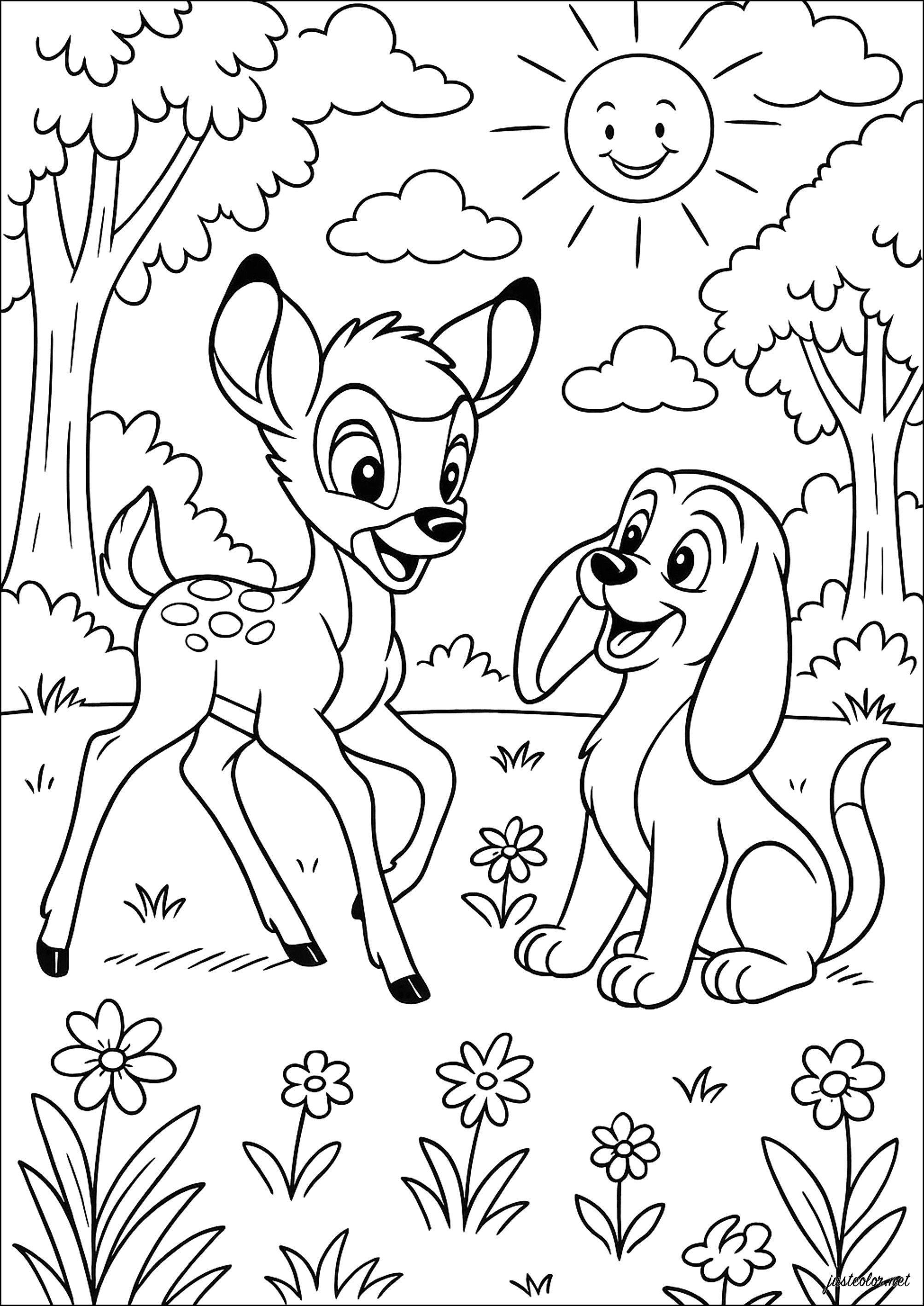 Fröhliche Begegnung in der Natur (Ausmalbild von Bambi zum Ausdrucken und Ausmalen für Kinder)