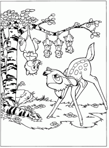 Bambi und seine Freunde hängen an einem Baum (Ausmalbild)