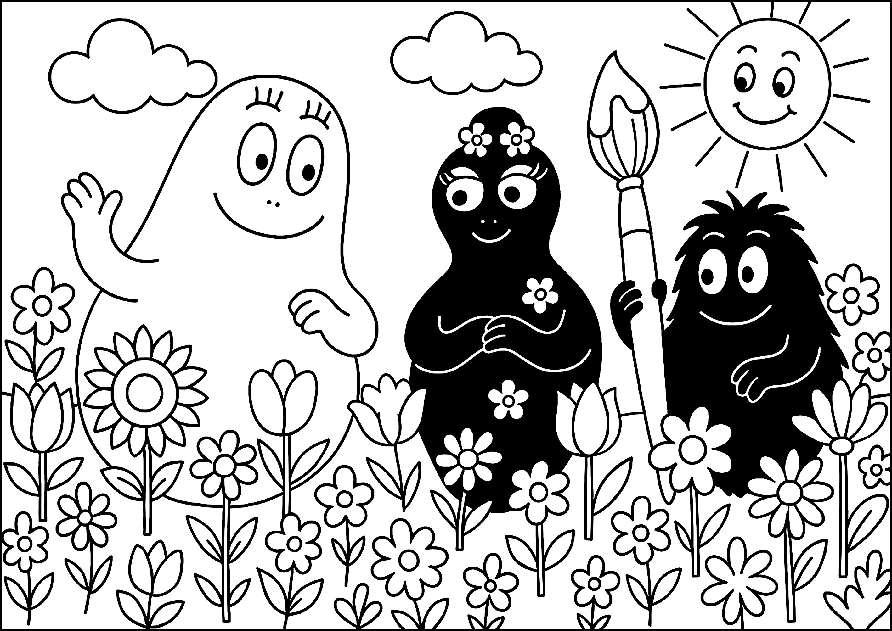 Blütenfeld (Ausmalbild von Barbapapa zum Ausdrucken und Ausmalen für Kinder)
