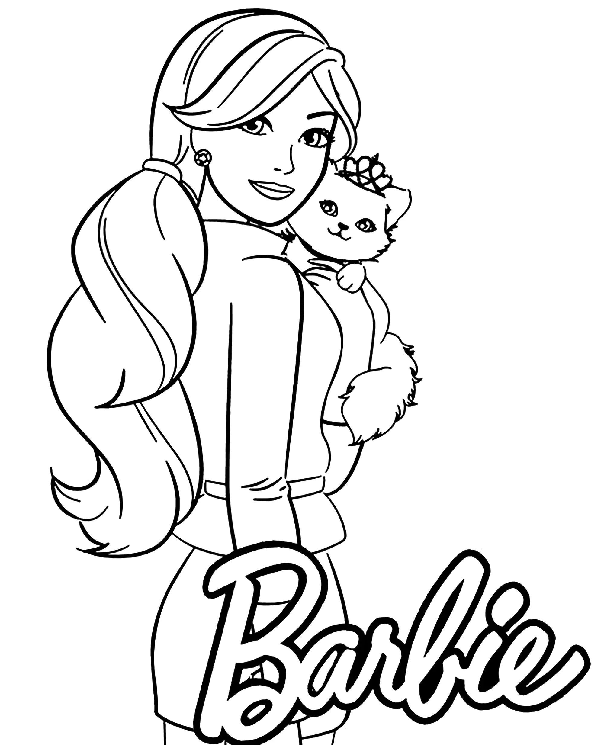 Barbie und ihre kleine Katze (Ausmalbild zum Ausdrucken und Ausmalen für Kinder)