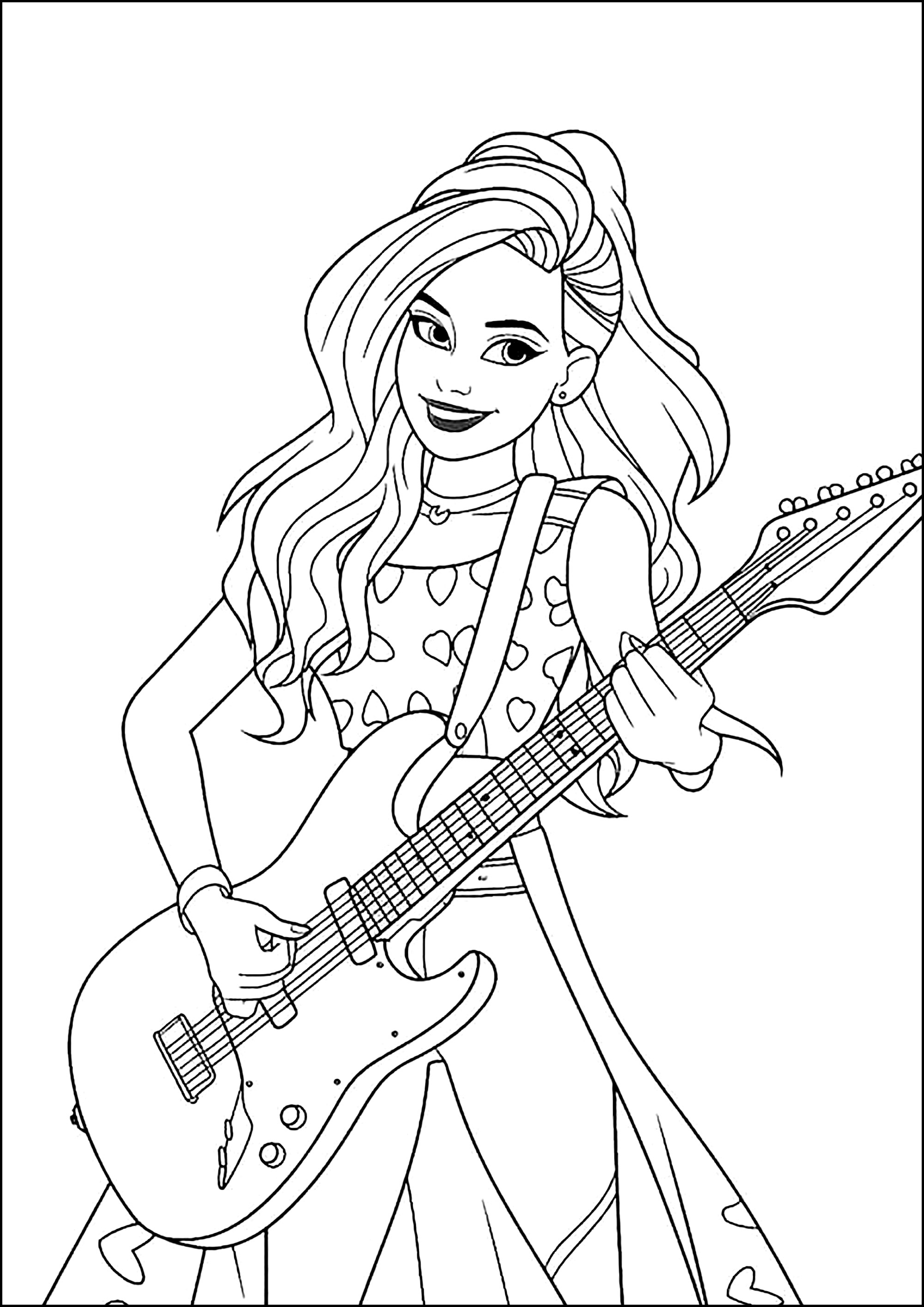 Barbie spielt Gitarre. (Ausmalbild zum Ausdrucken und Ausmalen für Kinder)