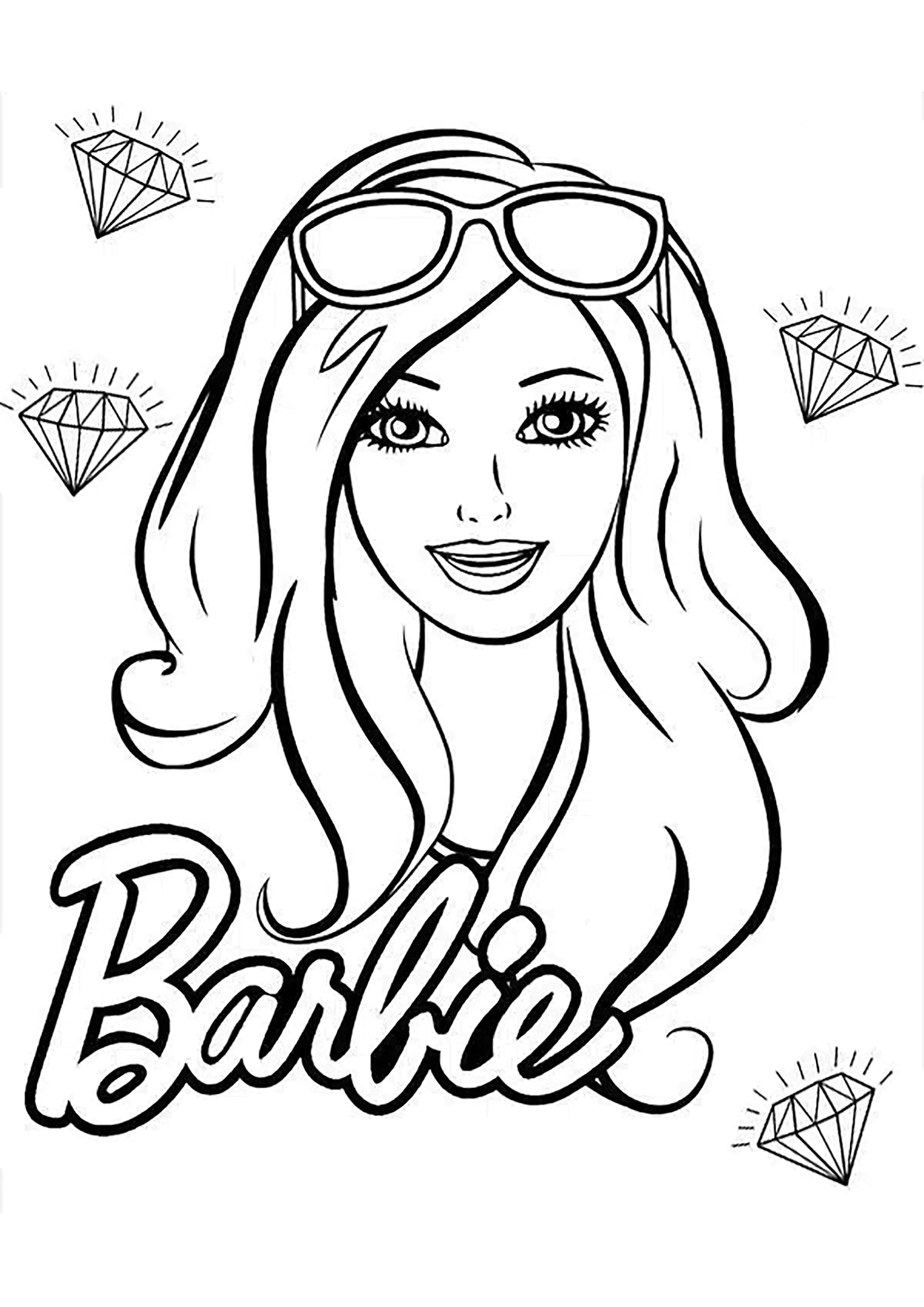Barbiegesicht mit Diamanten drumherum. (Ausmalbild von Barbie zum Ausdrucken und Ausmalen für Kinder)