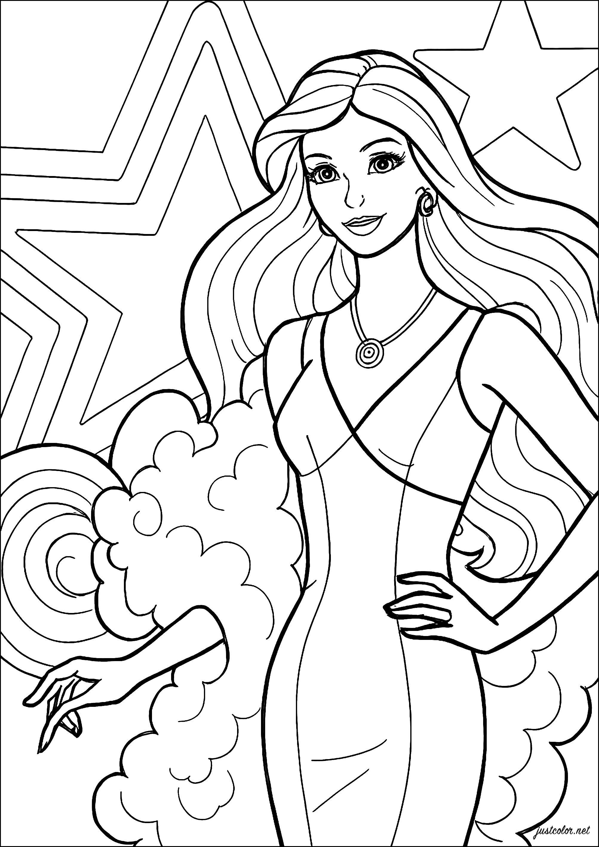 Sterne und glamouröse Schönheit (Ausmalbild von Barbie zum Ausdrucken und Ausmalen für Kinder)