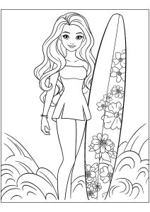 Barbie mit einem wunderschön verzierten Surfbrett. (Ausmalbild)