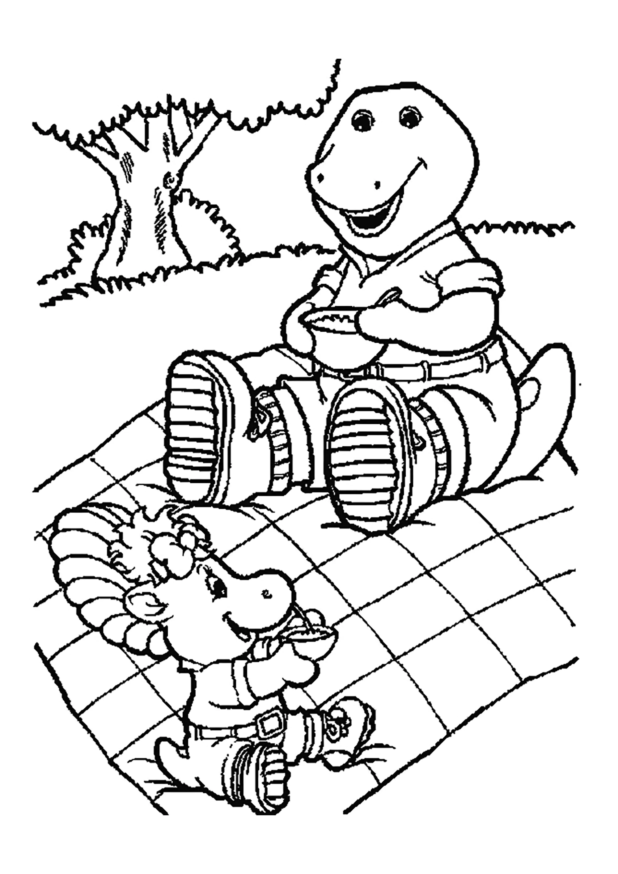 Picknick mit Barney und Baby Bop (Ausmalbild zum Ausdrucken und Ausmalen für Kinder)