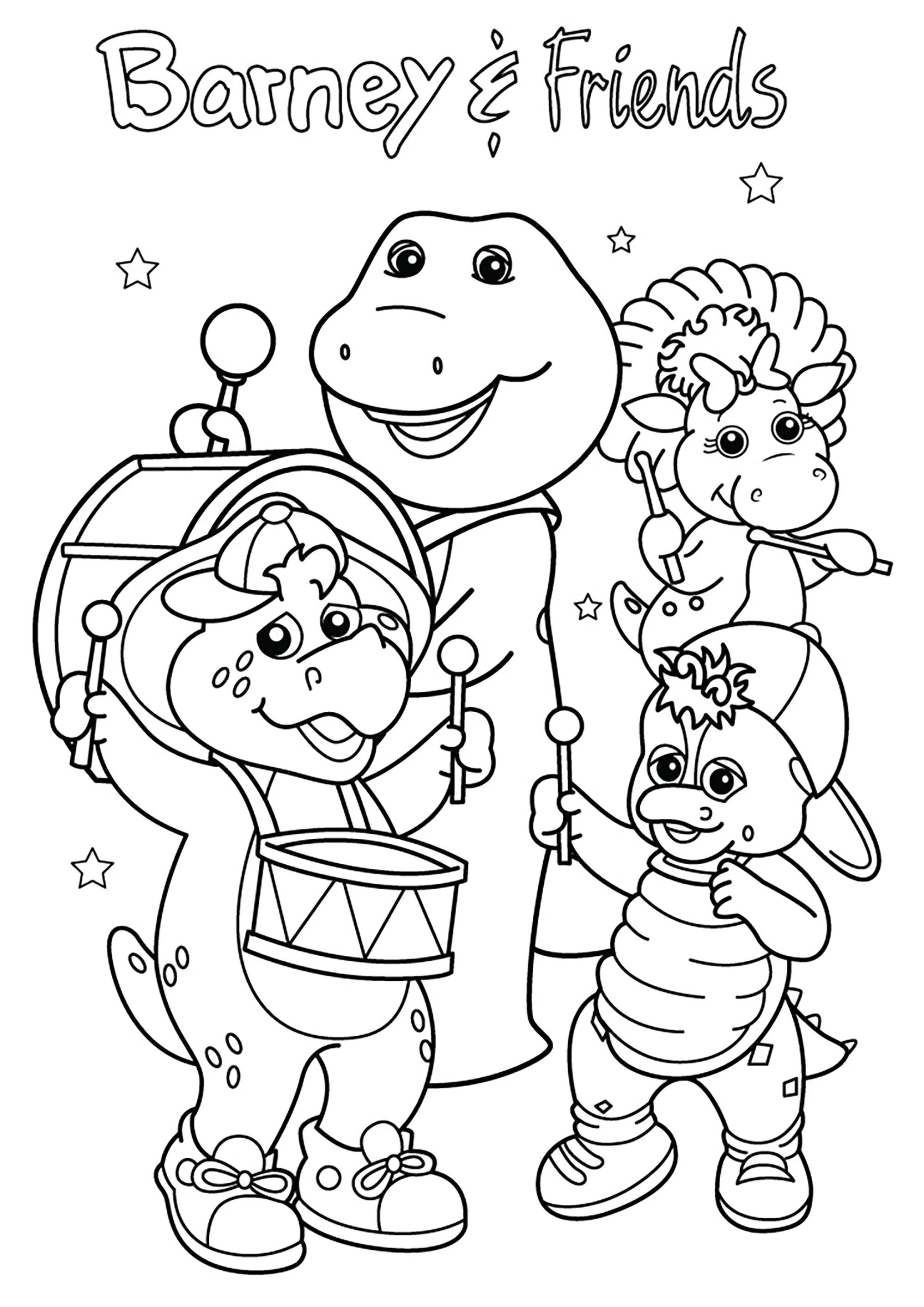 Barney macht Musik mit seinen Freunden. (Ausmalbild zum Ausdrucken und Ausmalen für Kinder)