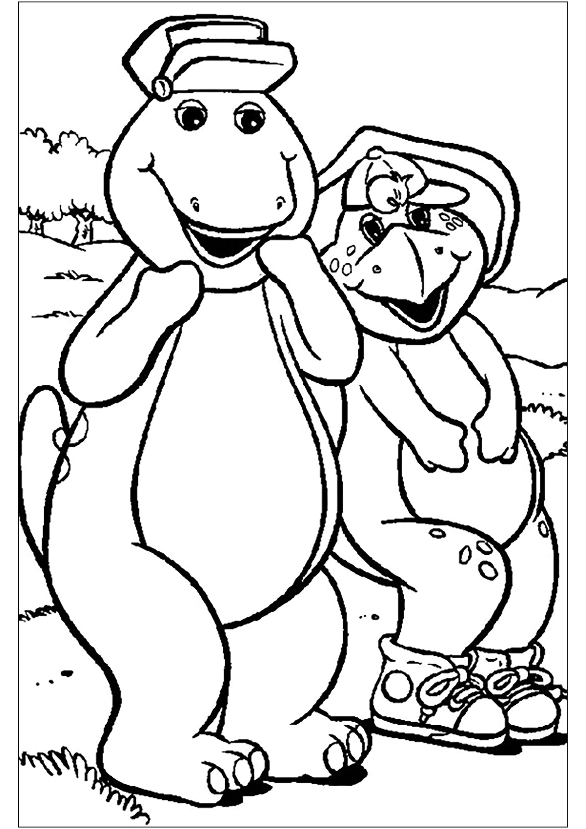 Barney und Baby Bop mit großen Lächeln. (Ausmalbild zum Ausdrucken und Ausmalen für Kinder)
