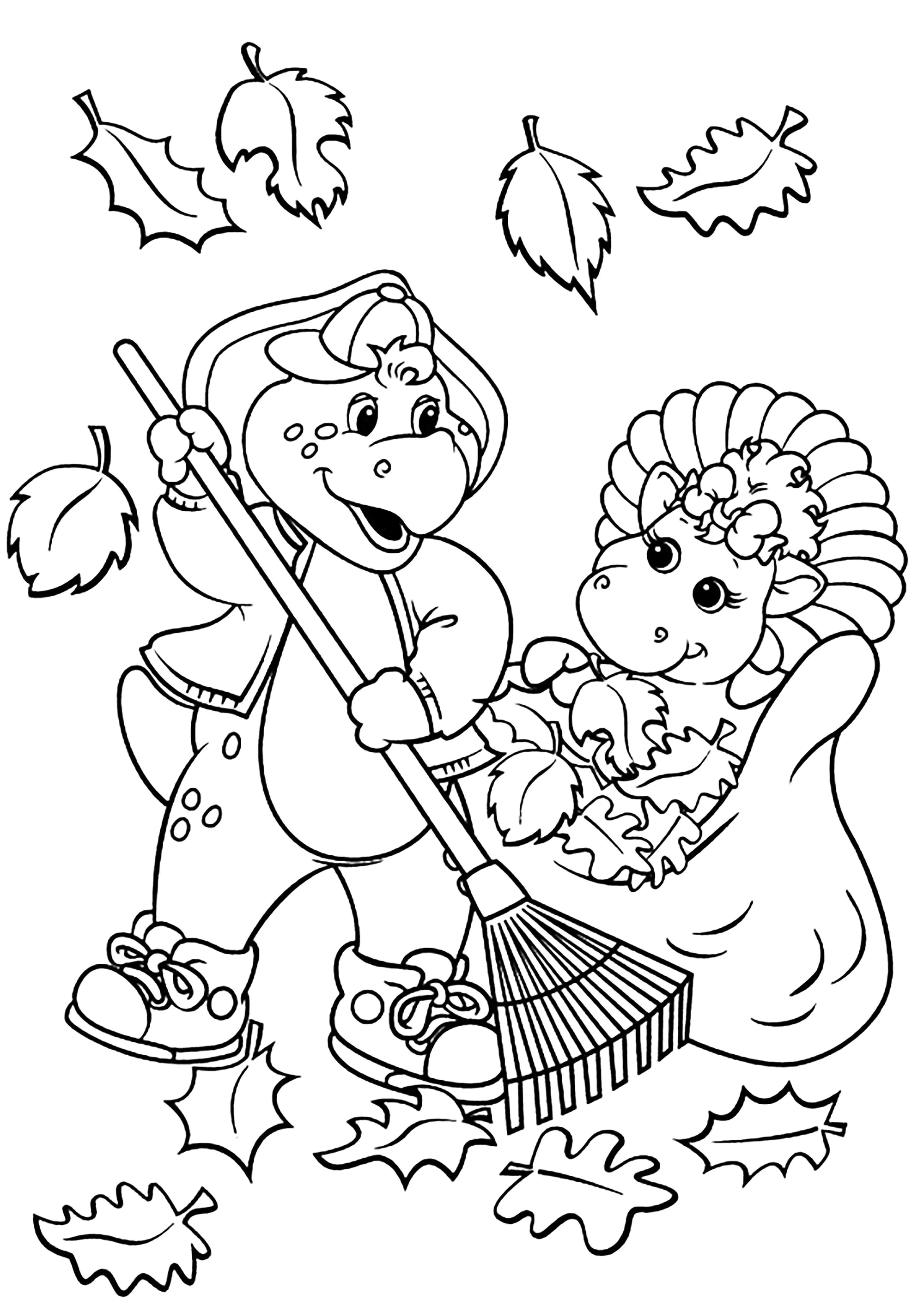 Es ist Herbst. (Ausmalbild von Barney zum Ausdrucken und Ausmalen für Kinder)