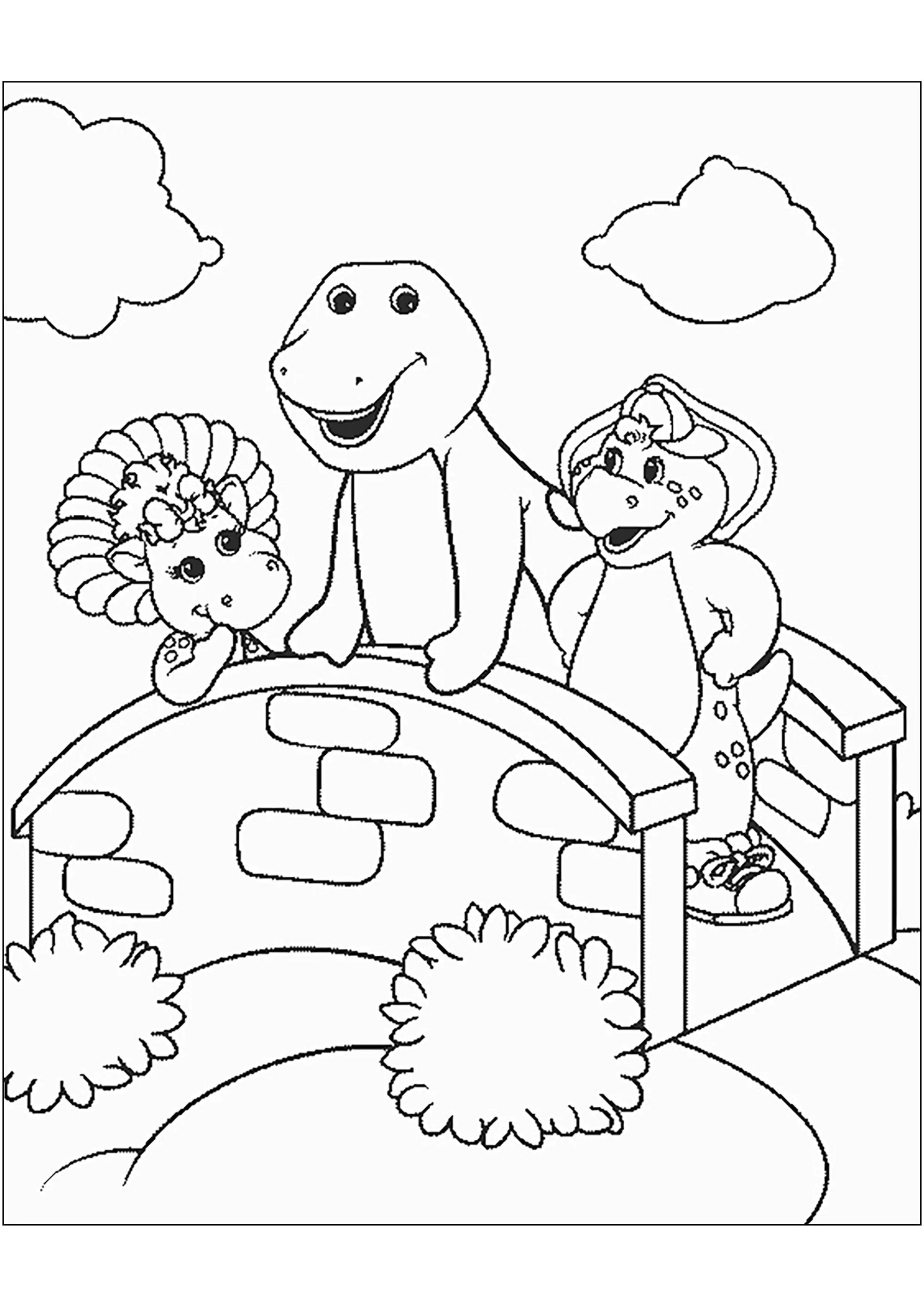 Barney und seine Freunde auf einer Brücke. (Ausmalbild zum Ausdrucken und Ausmalen für Kinder)