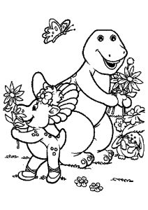 Barney mit Baby Bop, einem Schmetterling, einem Kaninchen und Blumen. (Ausmalbild)