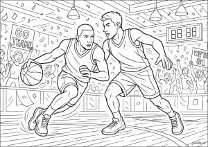 Athletisches Duell auf dem Parkett (Ausmalbild von Basketball)
