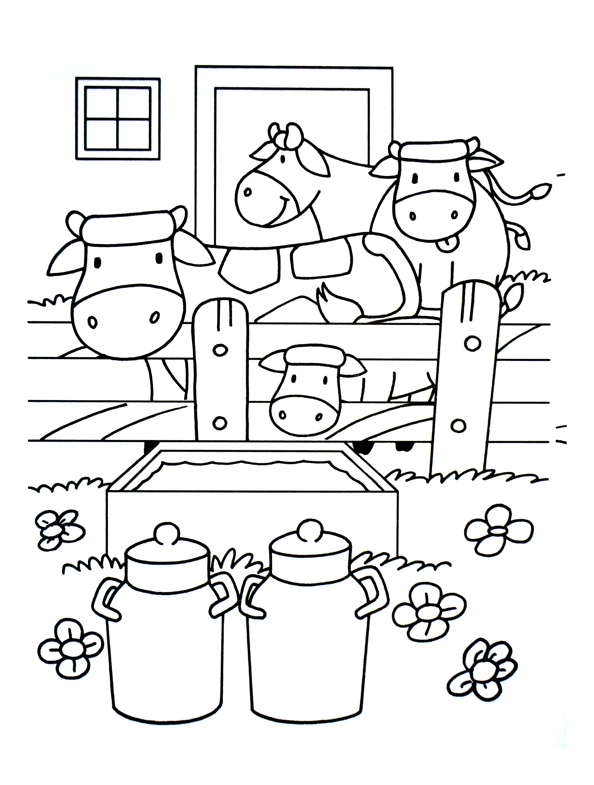 Auf dem Bauernhof mit den Milchkühen (Ausmalbild zum Ausdrucken und Ausmalen für Kinder)