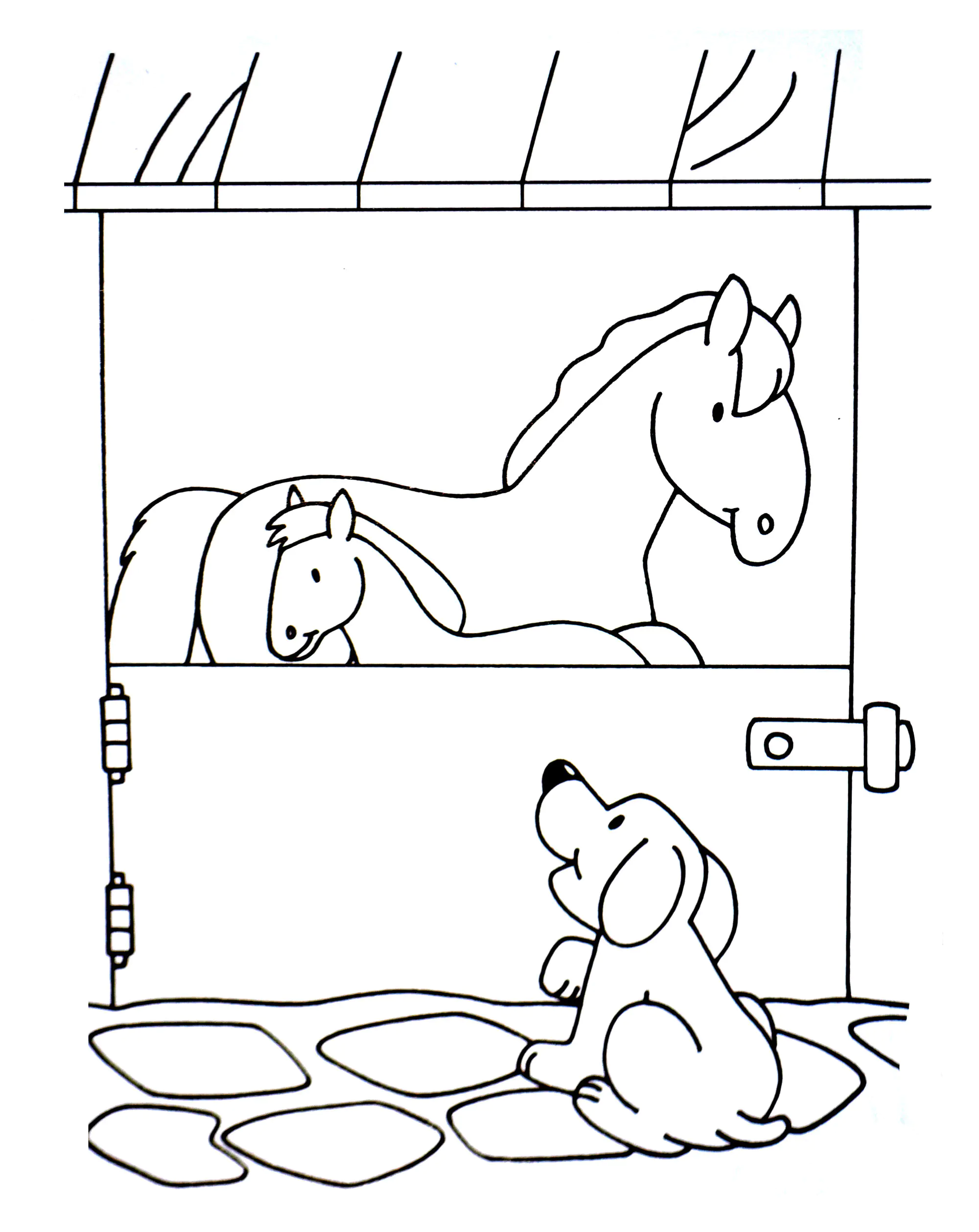 Pferde und Hunde (Ausmalbild von Bauernhof zum Ausdrucken und Ausmalen für Kinder)