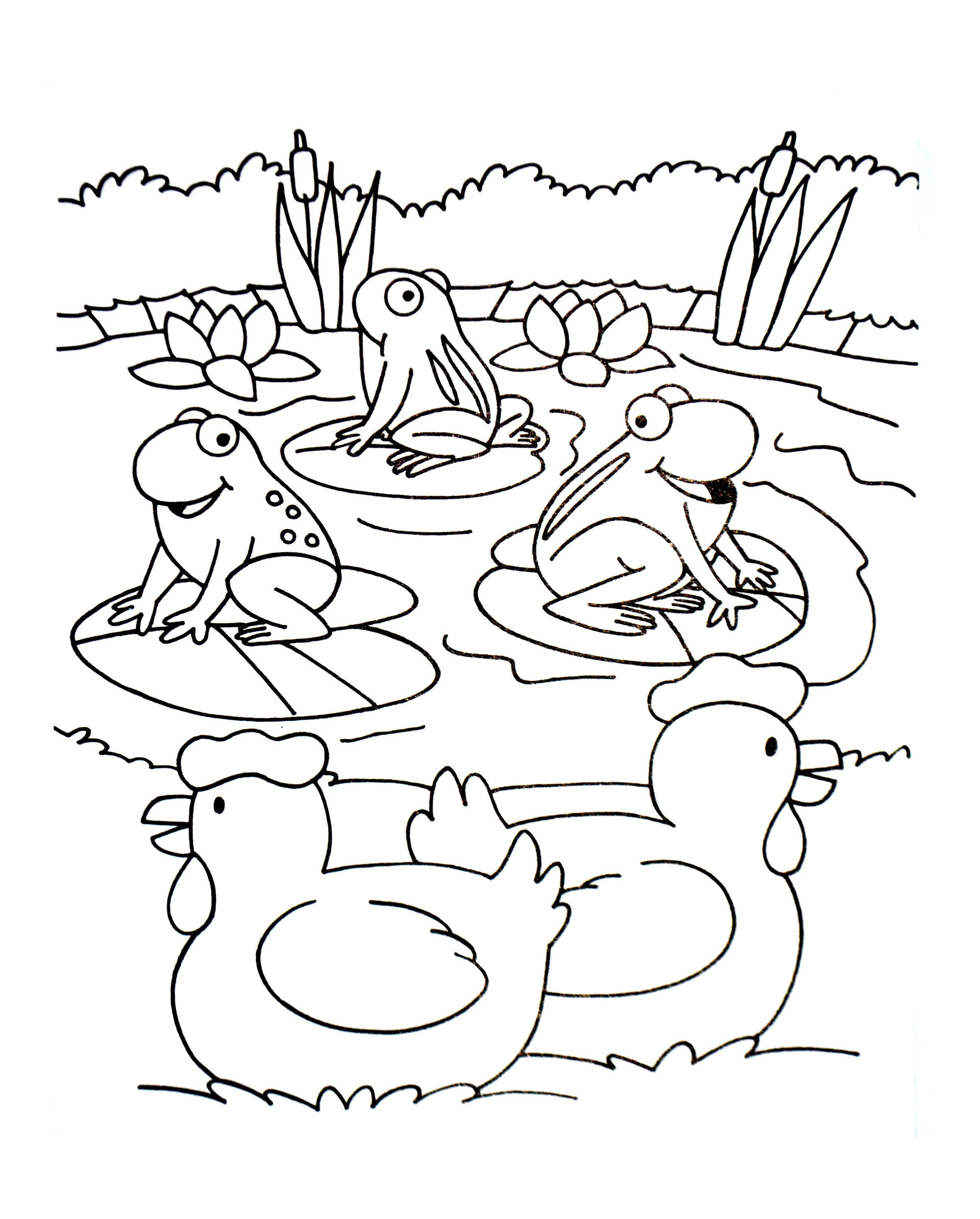 Frösche mit Hühnern (Ausmalbild von Bauernhof zum Ausdrucken und Ausmalen für Kinder)