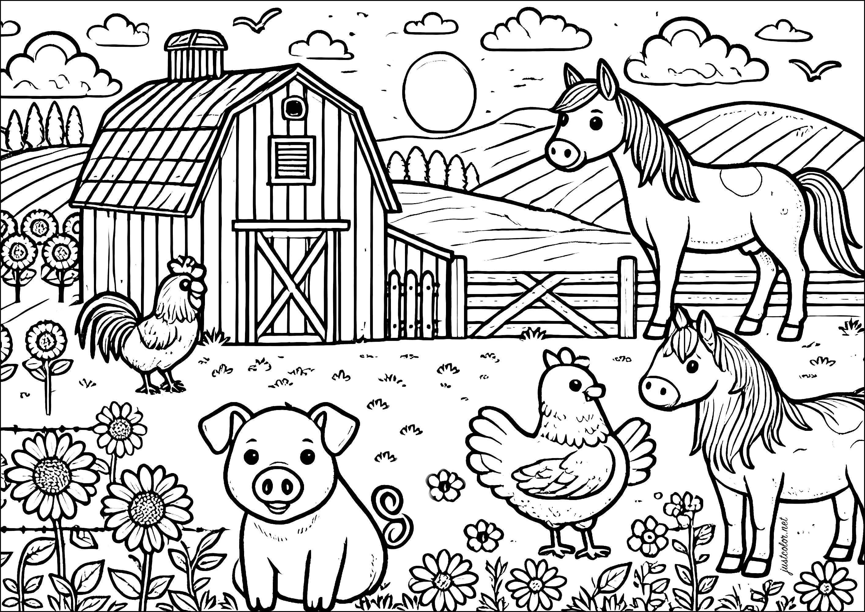 Tiere auf dem Bauernhof: Schwein, Pferde und Hühner (Ausmalbild zum Ausdrucken und Ausmalen für Kinder)