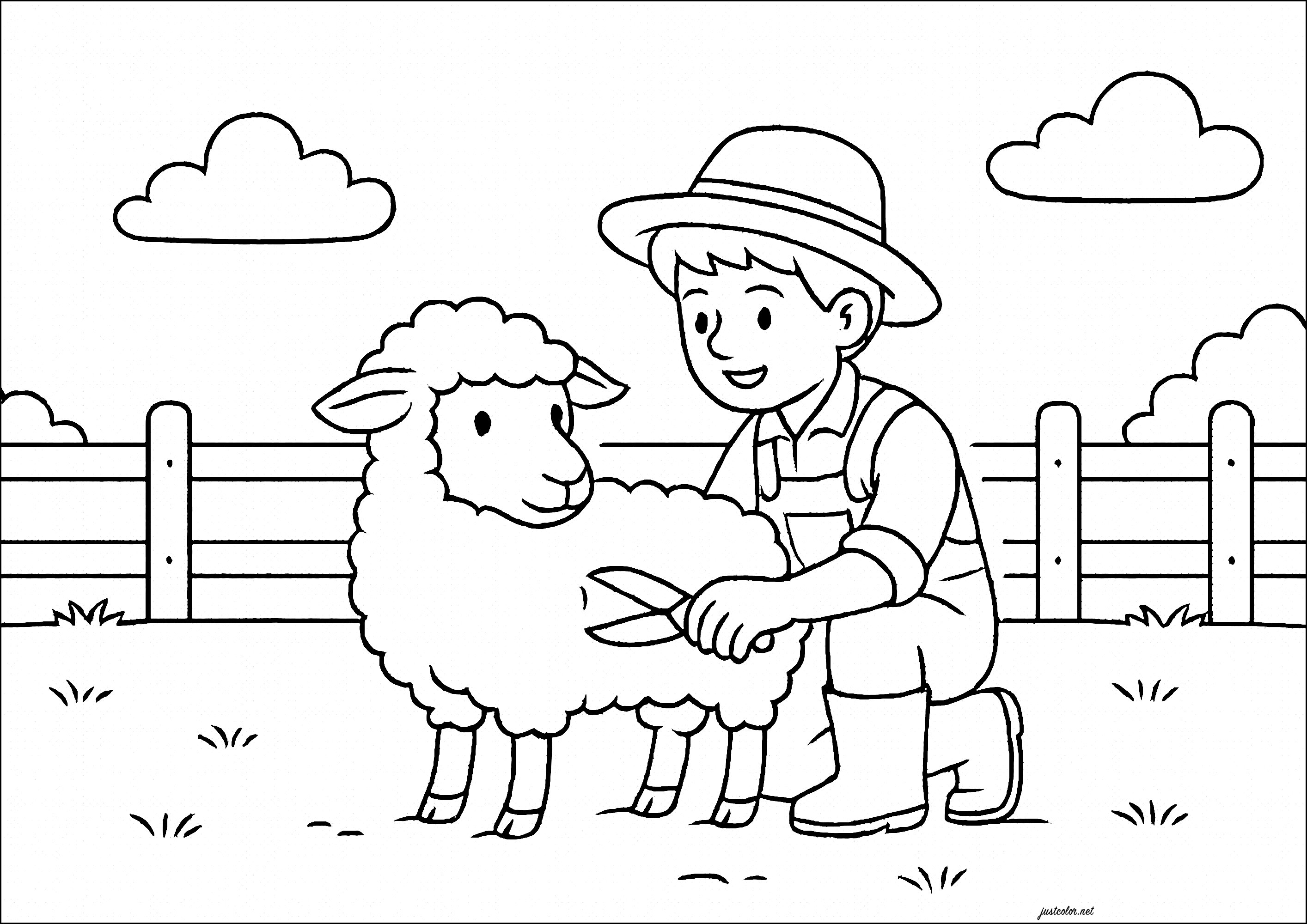 Bauer beim Scheren eines Schafes (Ausmalbild von Bauernhof zum Ausdrucken und Ausmalen für Kinder)