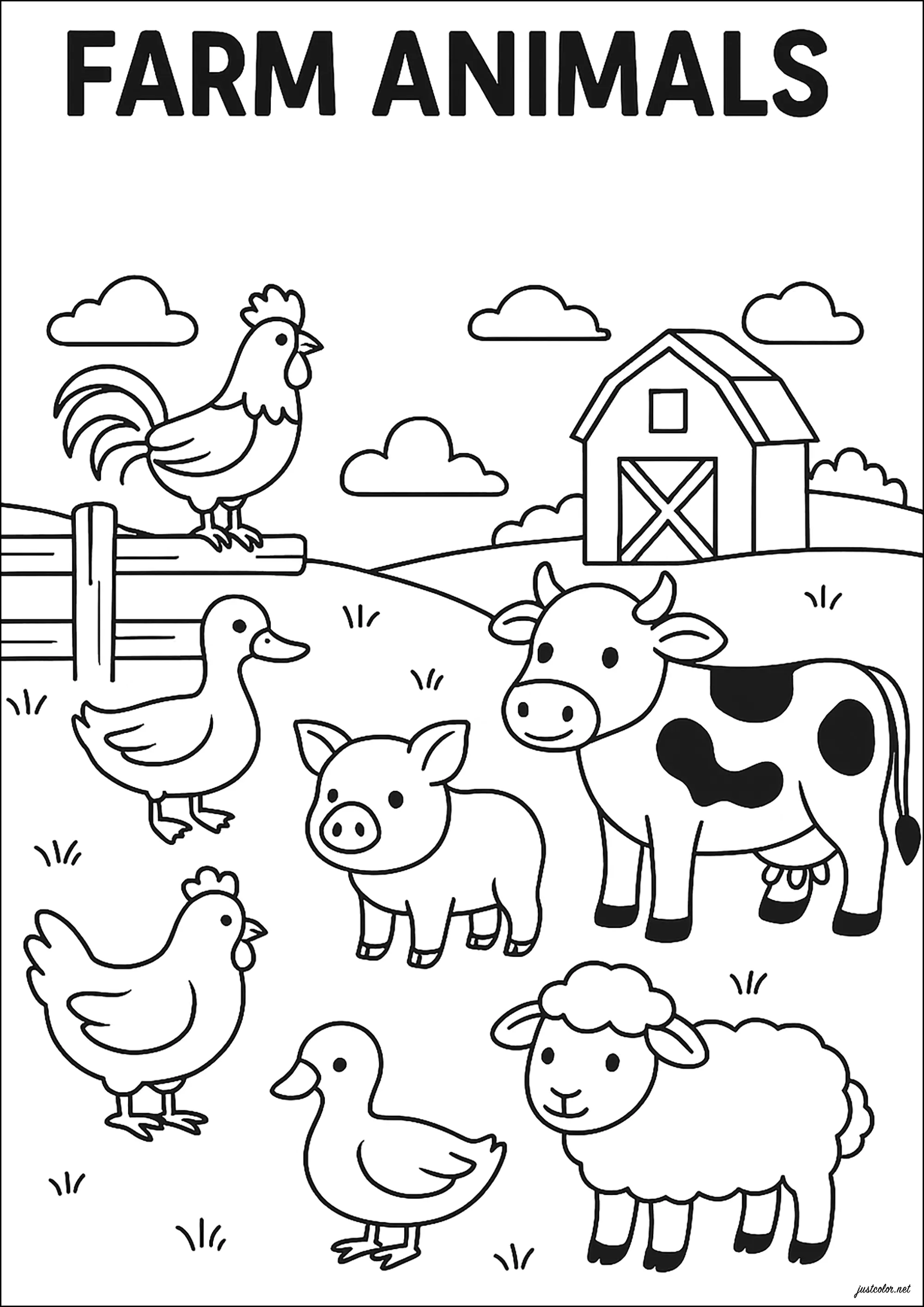 Die wichtigsten Tiere auf dem Bauernhof (Ausmalbild zum Ausdrucken und Ausmalen für Kinder)