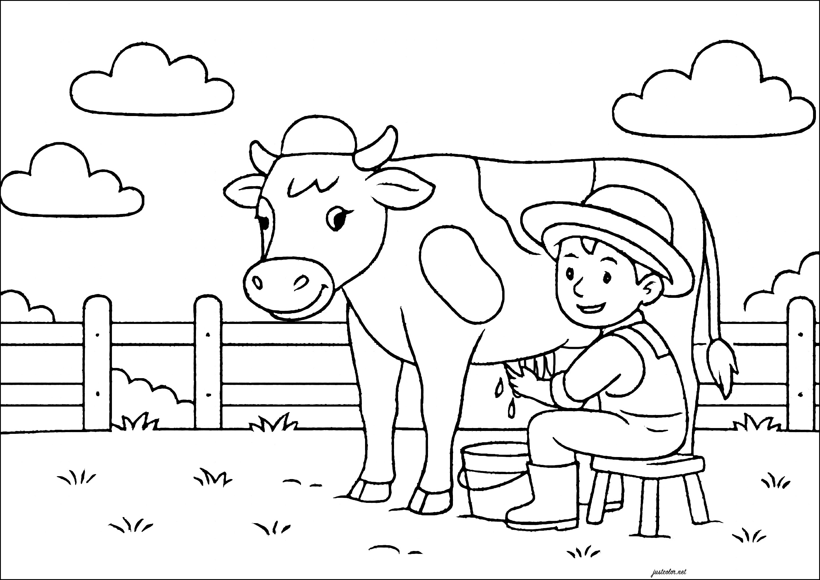 Bauer beim Melken einer Kuh (Ausmalbild von Bauernhof zum Ausdrucken und Ausmalen für Kinder)