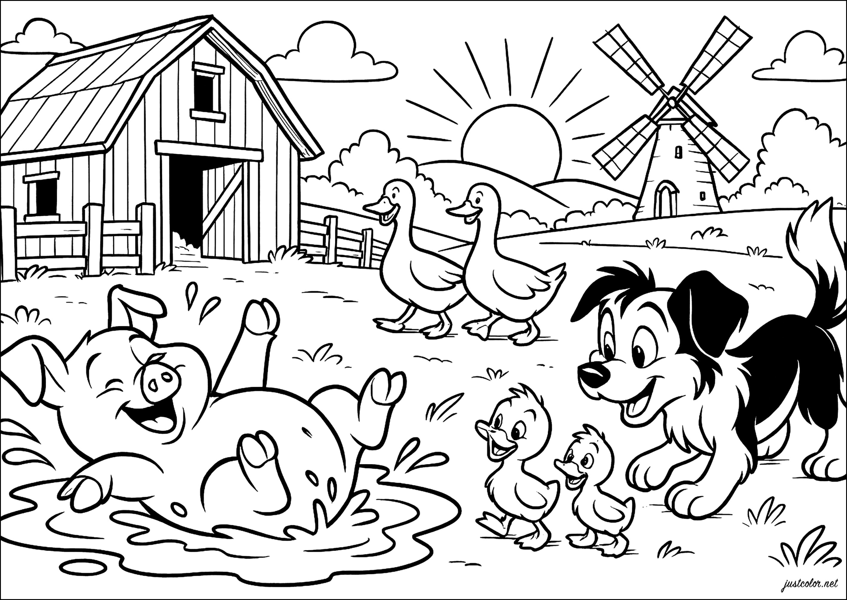 Fröhliches Leben auf dem Bauernhof (Ausmalbild zum Ausdrucken und Ausmalen für Kinder)