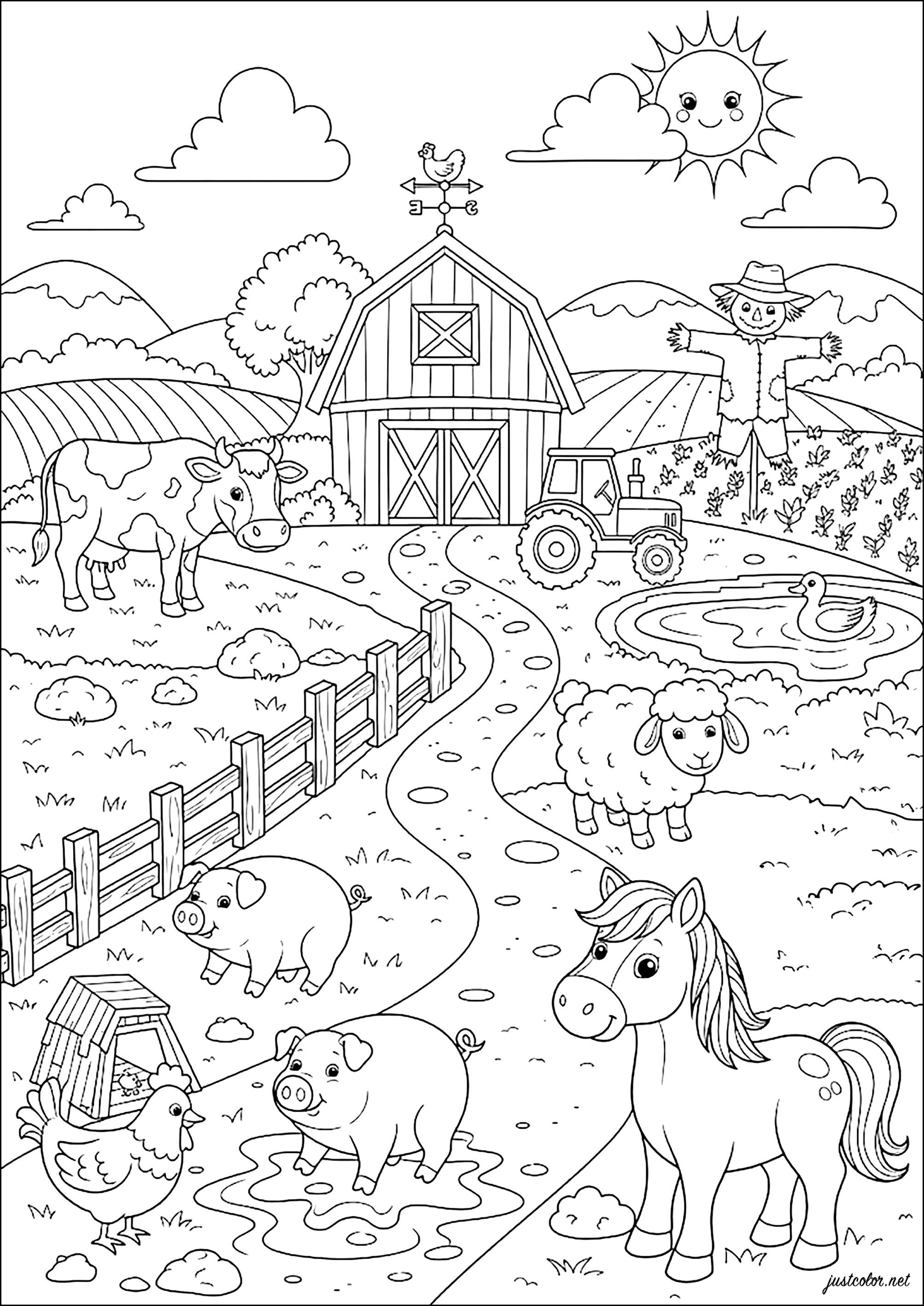 Guten Morgen auf dem Bauernhof (Ausmalbild zum Ausdrucken und Ausmalen für Kinder)