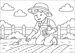 Jungbauer beim Säen von Samen in seinem Gemüsegarten (Ausmalbild von Bauernhof)