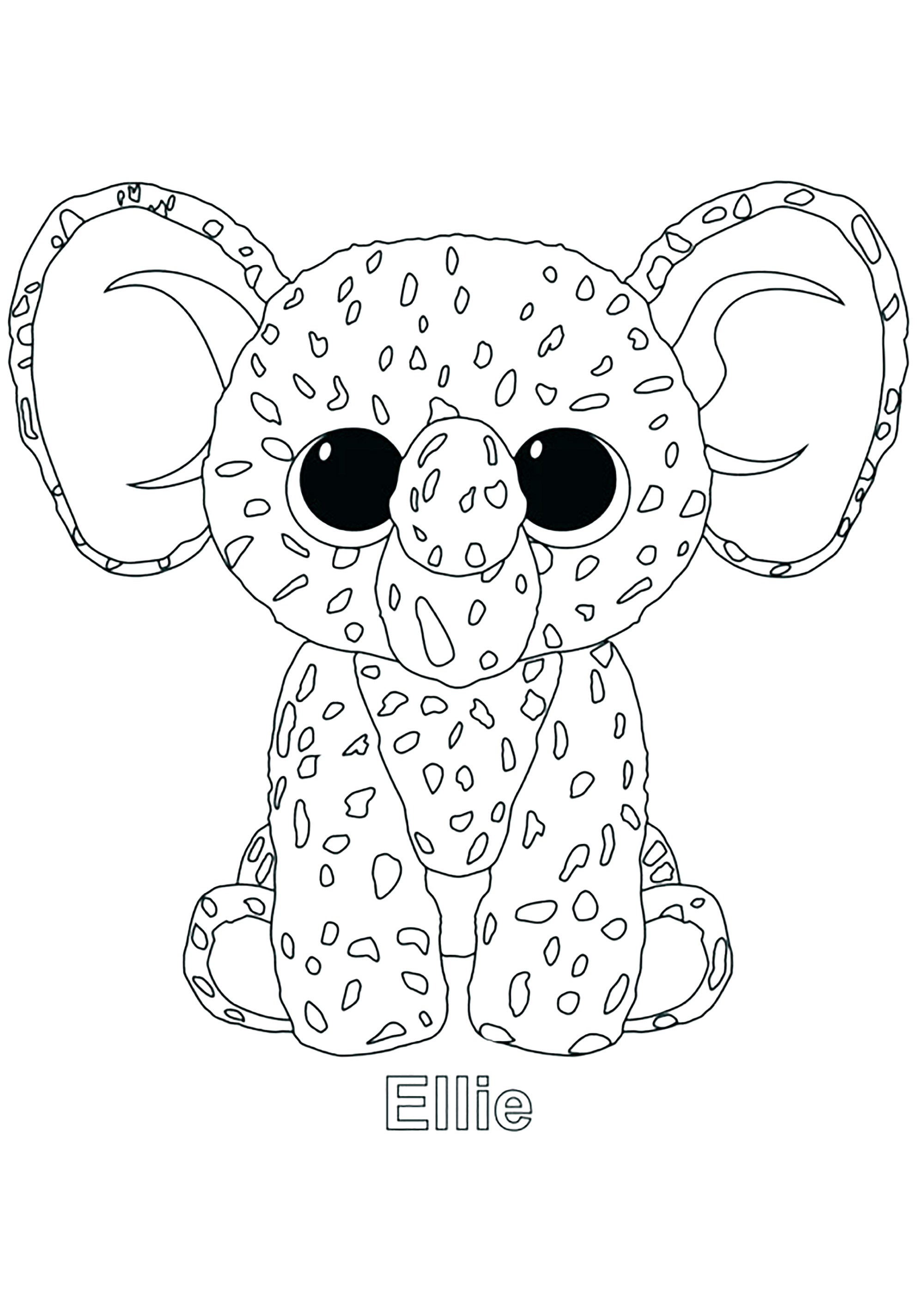 Elie, der Elefant, mit Flecken. (Ausmalbild von Beanie Boo zum Ausdrucken und Ausmalen für Kinder)