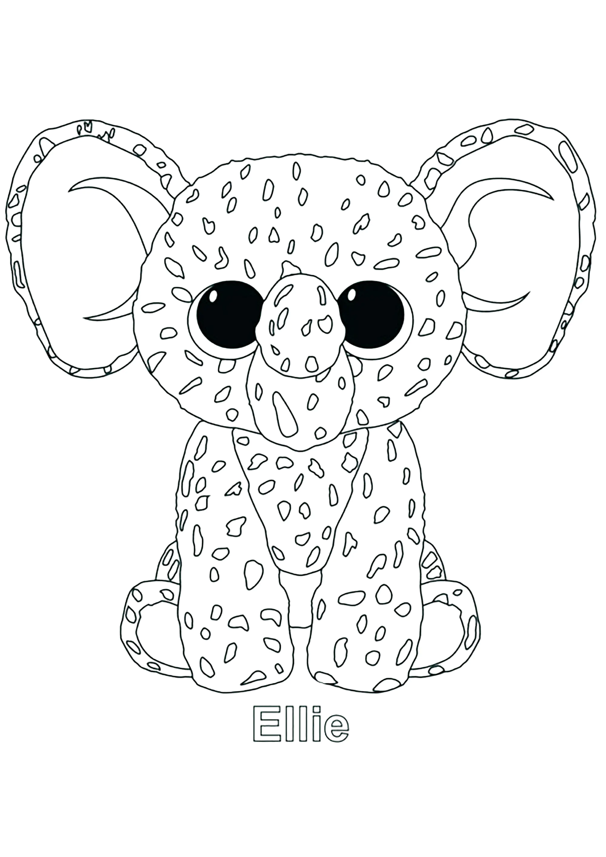 Elie, der Elefant, mit Flecken. (Ausmalbild von Beanie Boo zum Ausdrucken und Ausmalen für Kinder)