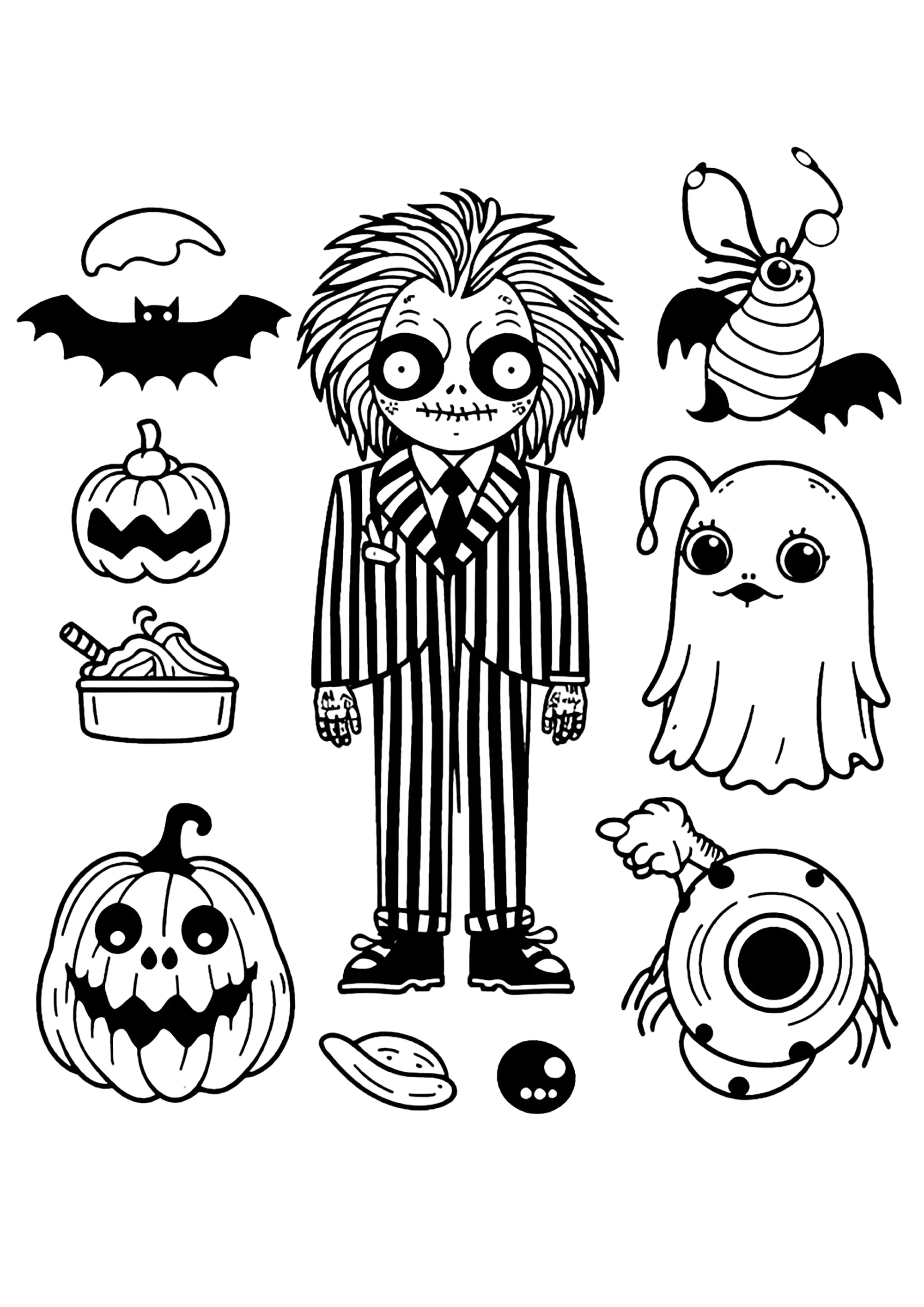 Beetlejuice und Halloween-Kreaturen (Ausmalbild zum Ausdrucken und Ausmalen für Kinder)