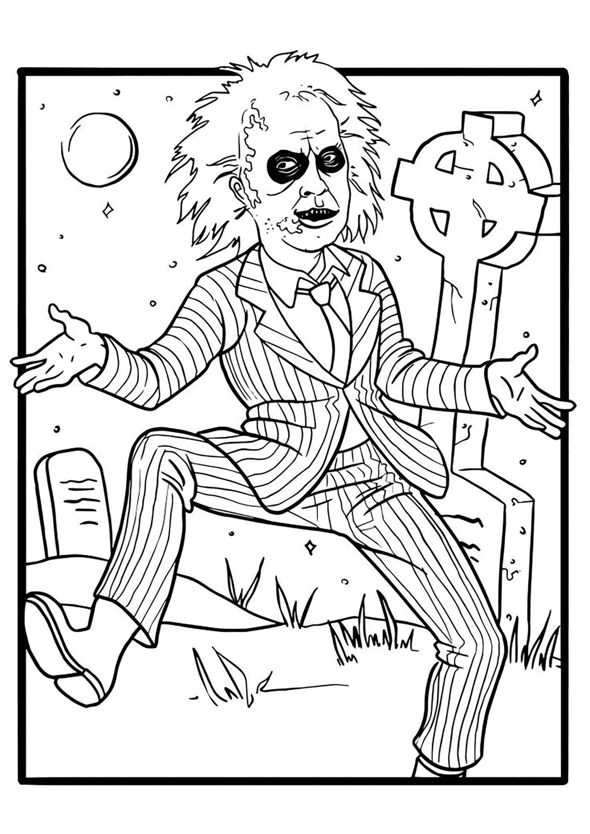 Beetlejuice auf einem Friedhof (Ausmalbild zum Ausdrucken und Ausmalen für Kinder)