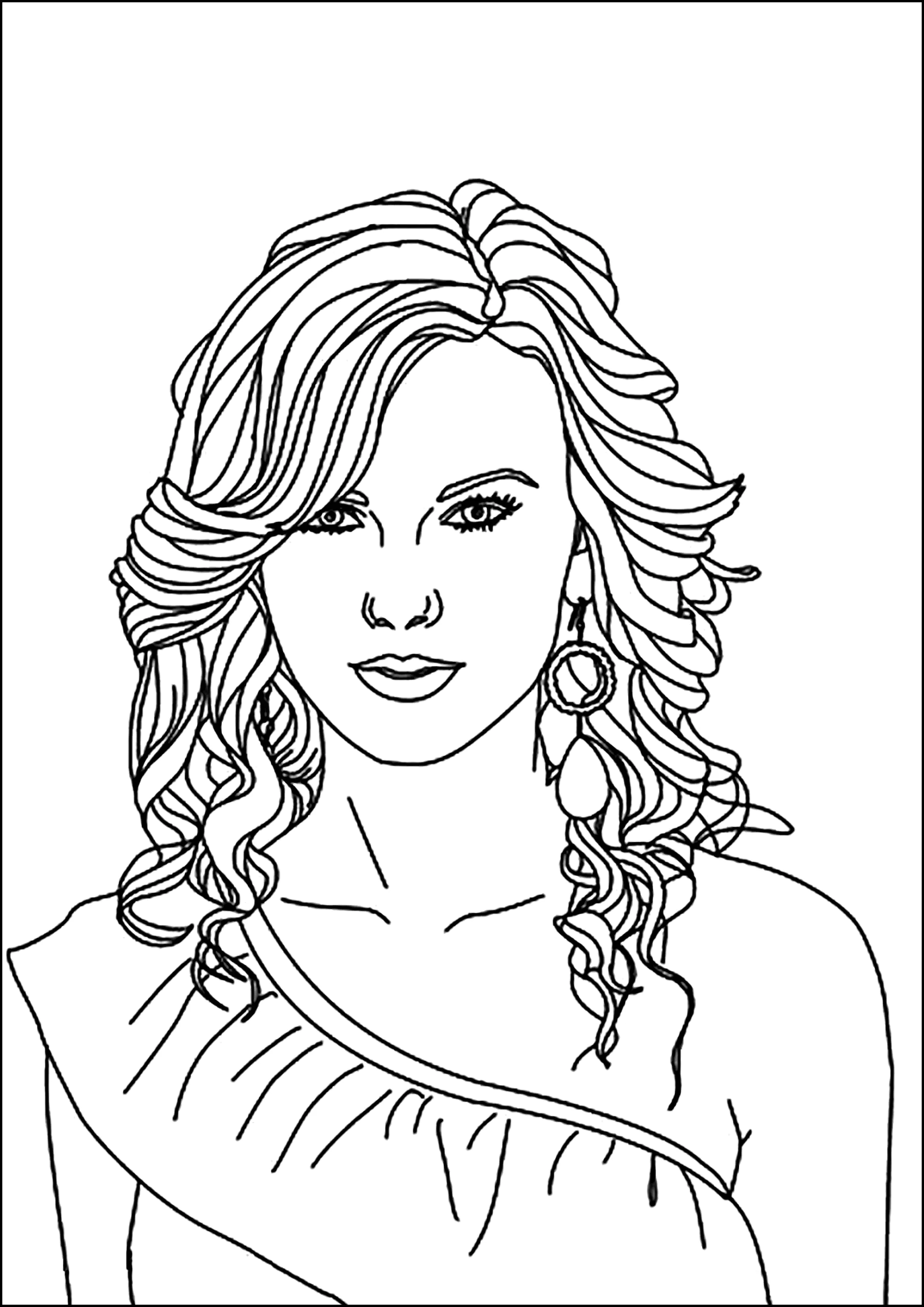 Taylor Swift mit lockigem Haar (Ausmalbild von Berühmte Sänger zum Ausdrucken und Ausmalen für Kinder)