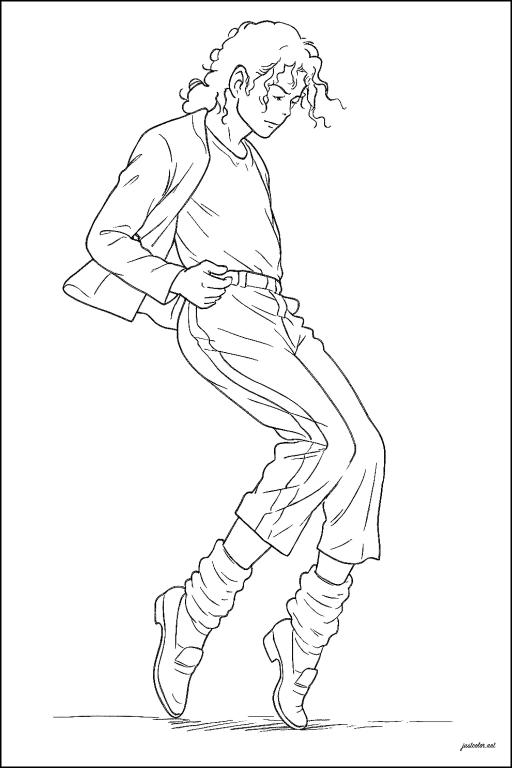 Michael Jackon auf Zehenspitzen während Billie Jean (Ausmalbild von Berühmte Sänger zum Ausdrucken und Ausmalen für Kinder)