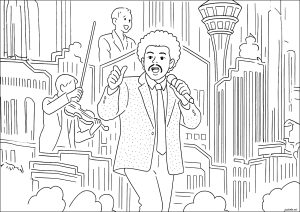 The Weeknd beim Singen, mit Musikern (Ausmalbild von Berühmte Sänger)