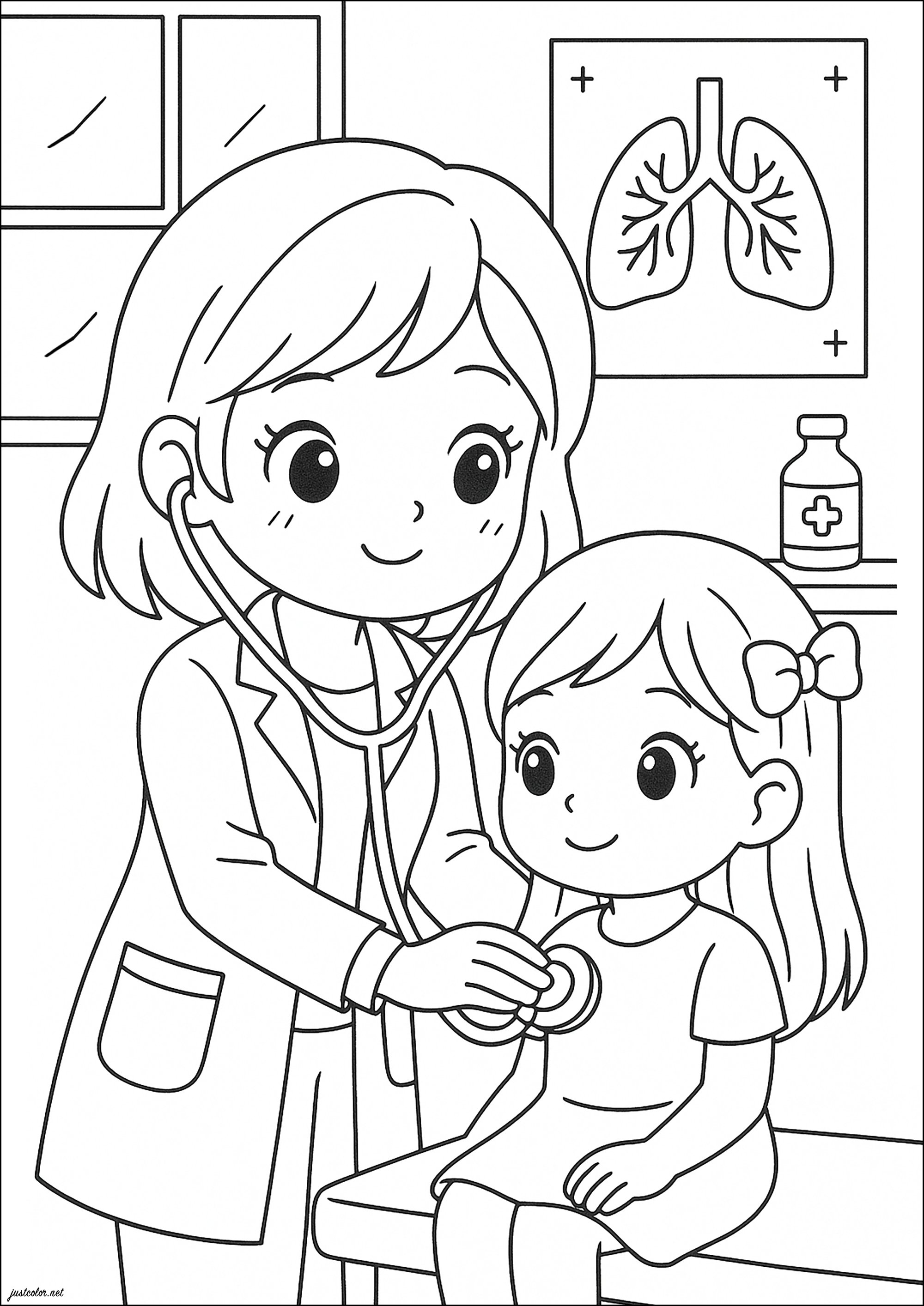 Arzt untersucht ein junges Mädchen (Ausmalbild von Berufe zum Ausdrucken und Ausmalen für Kinder)