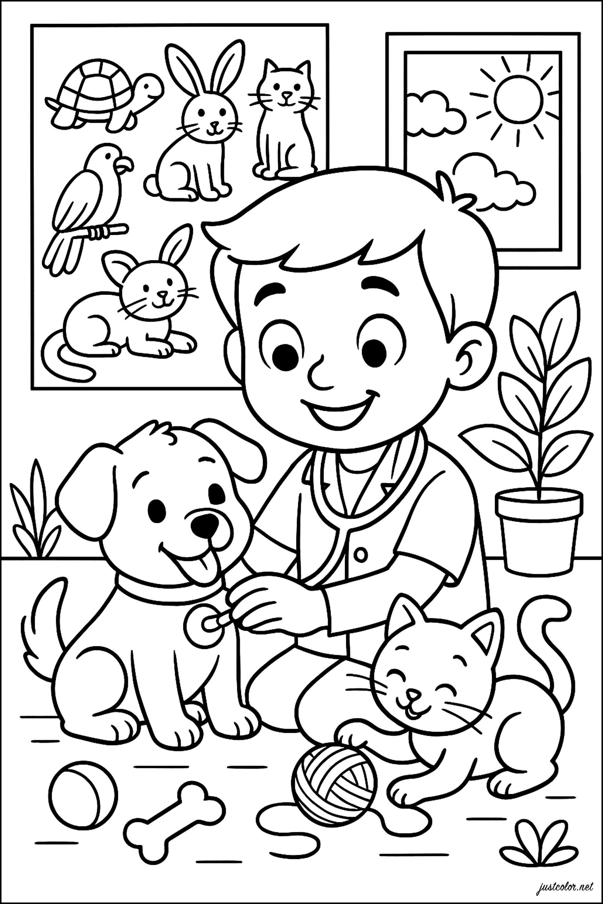 Ein Tierarzt, der sich um einen Hund und eine Katze kümmert (Ausmalbild von Berufe zum Ausdrucken und Ausmalen für Kinder)