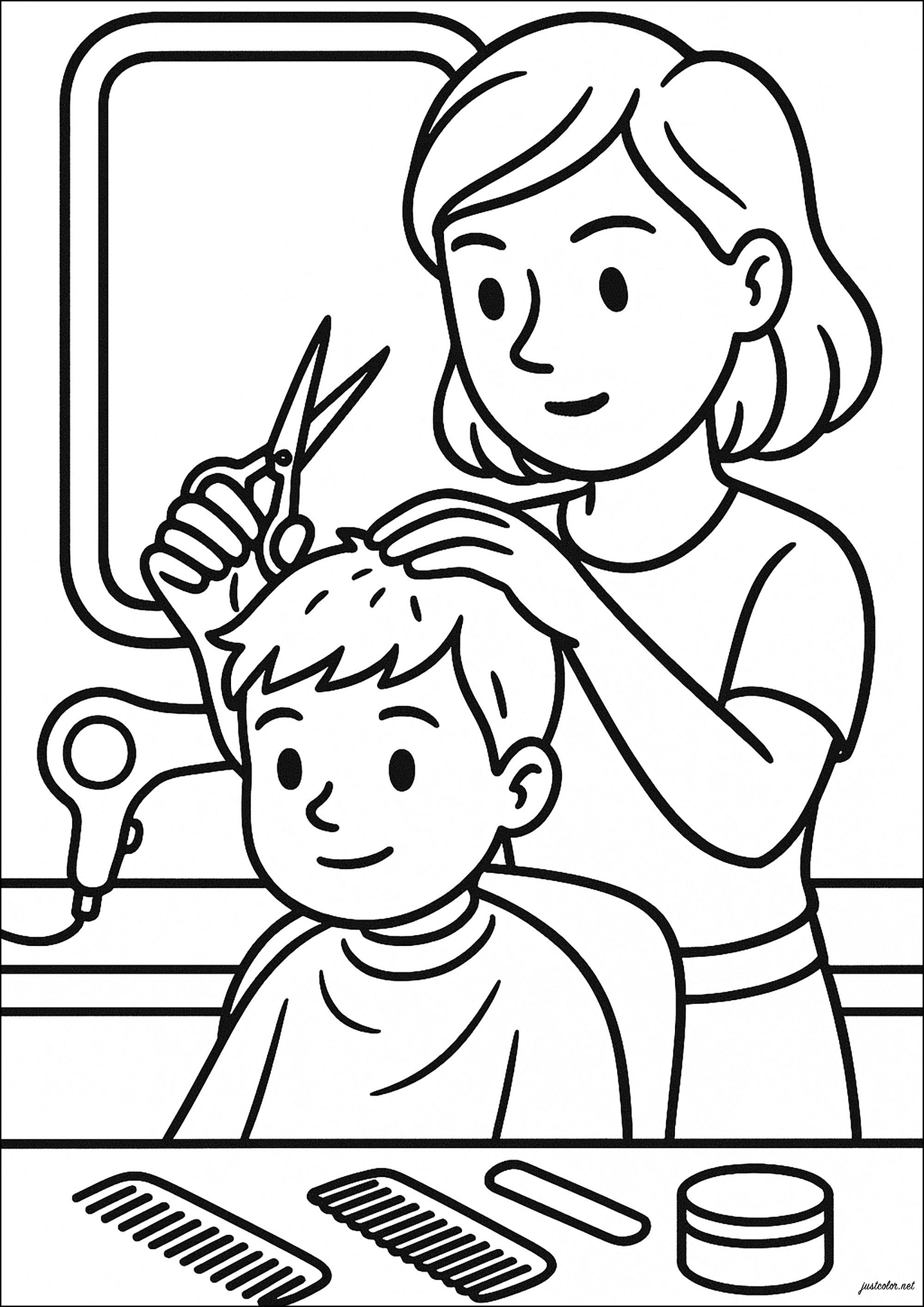 Friseurin bei der Arbeit (Ausmalbild von Berufe zum Ausdrucken und Ausmalen für Kinder)