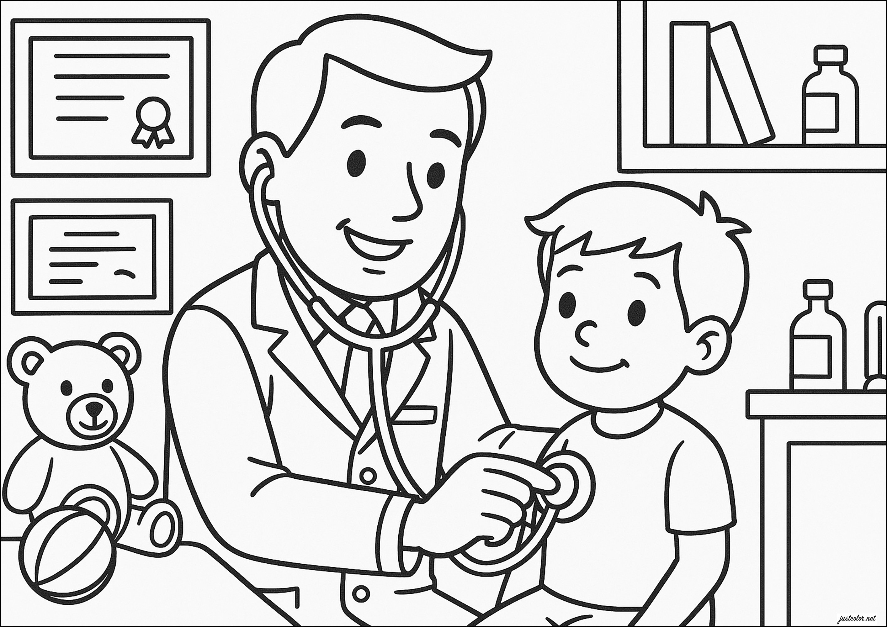 Arzt untersucht ein Kind mit einem Stethoskop (Ausmalbild von Berufe zum Ausdrucken und Ausmalen für Kinder)