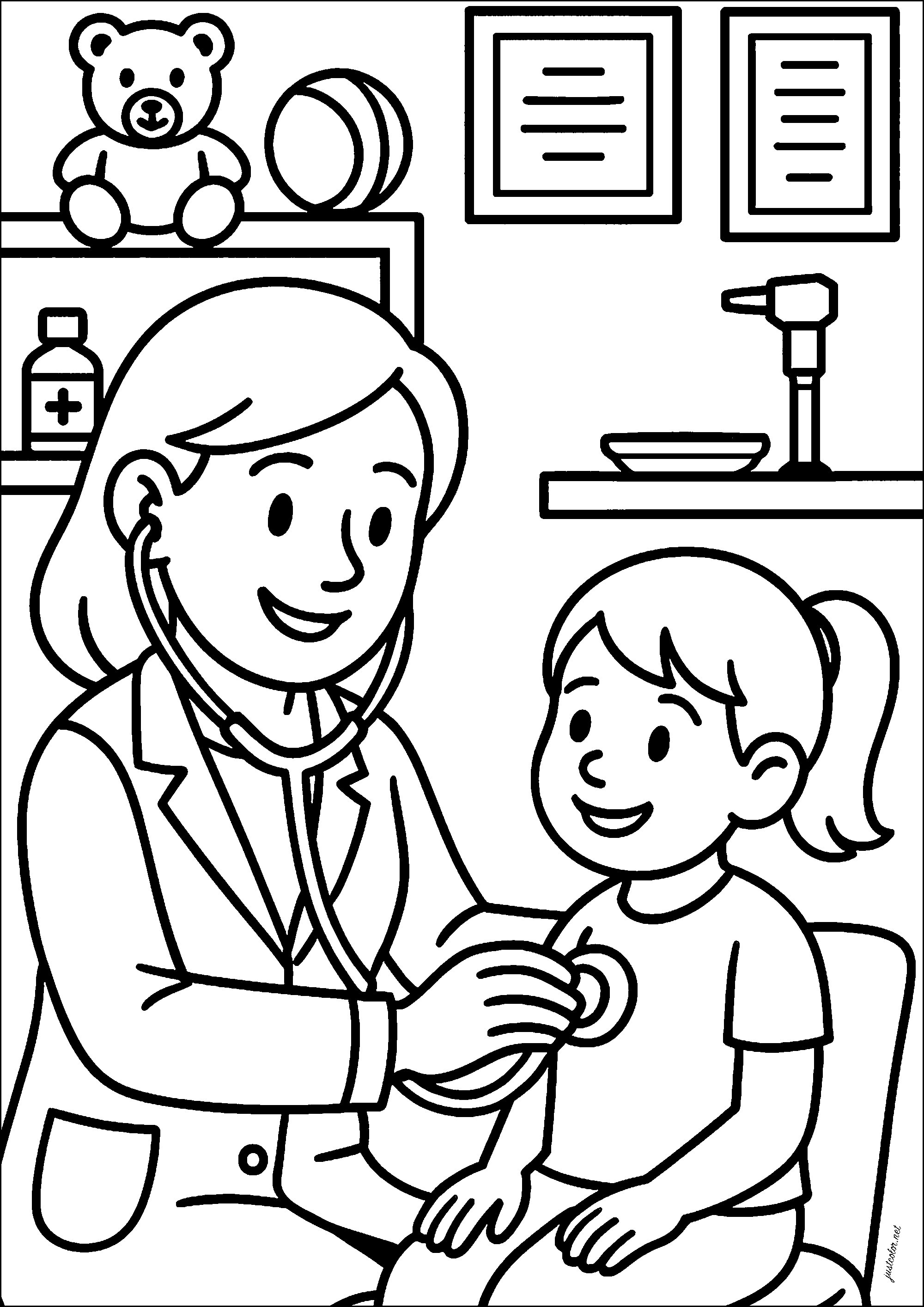 Doktor oszilliert ein kleines Mädchen (Ausmalbild von Berufe zum Ausdrucken und Ausmalen für Kinder)