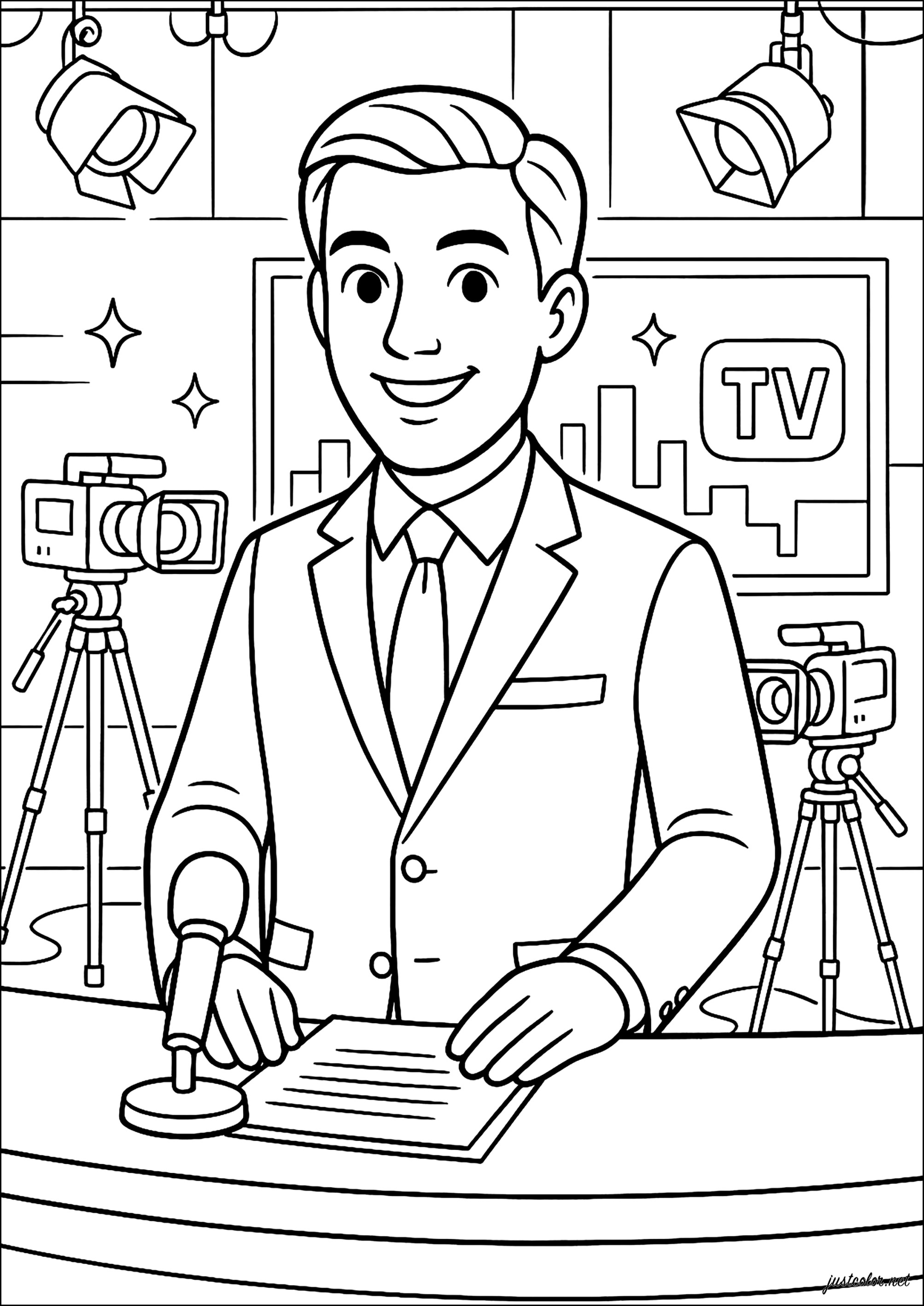 Fernsehmoderator (Ausmalbild von Berufe zum Ausdrucken und Ausmalen für Kinder)