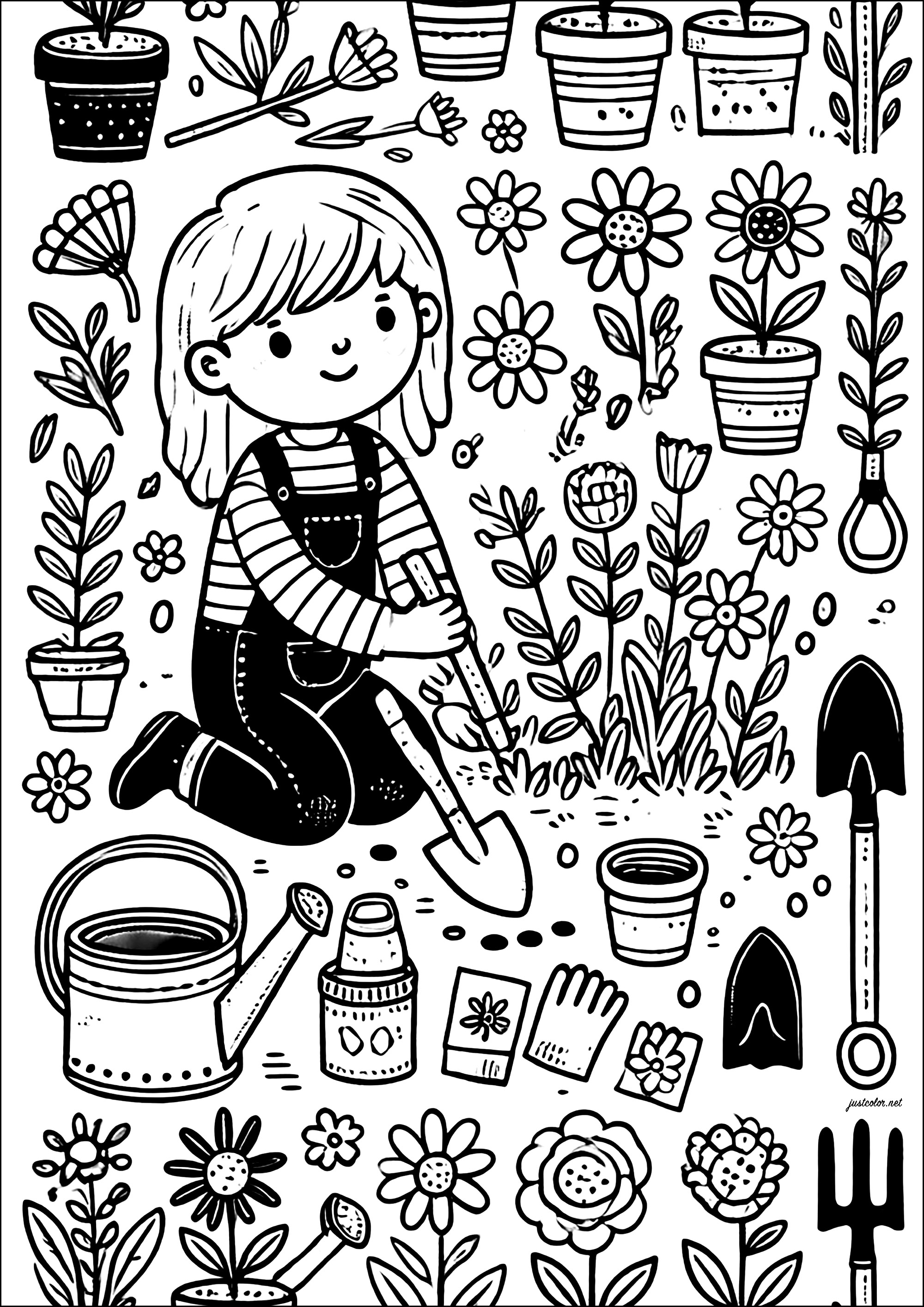 Junge Gärtnerin (Ausmalbild von Berufe zum Ausdrucken und Ausmalen für Kinder)