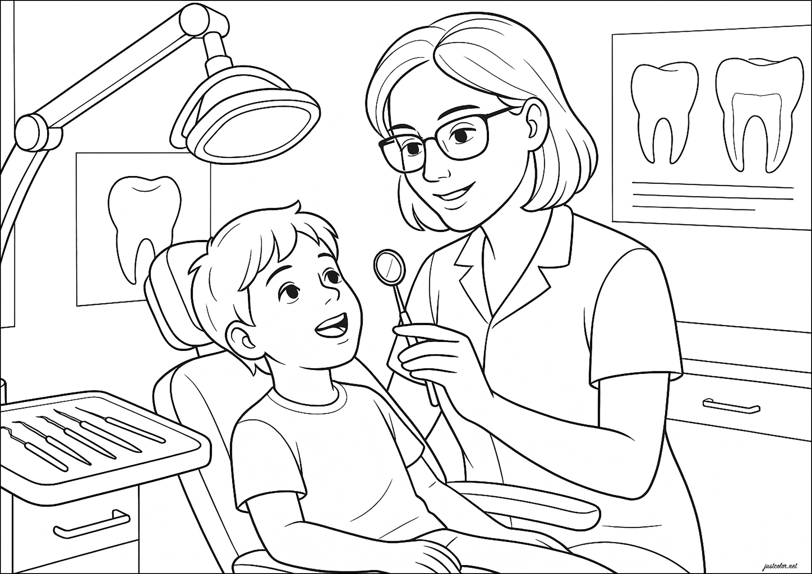 Zahnarzt und sein Patient (Ausmalbild von Berufe zum Ausdrucken und Ausmalen für Kinder)