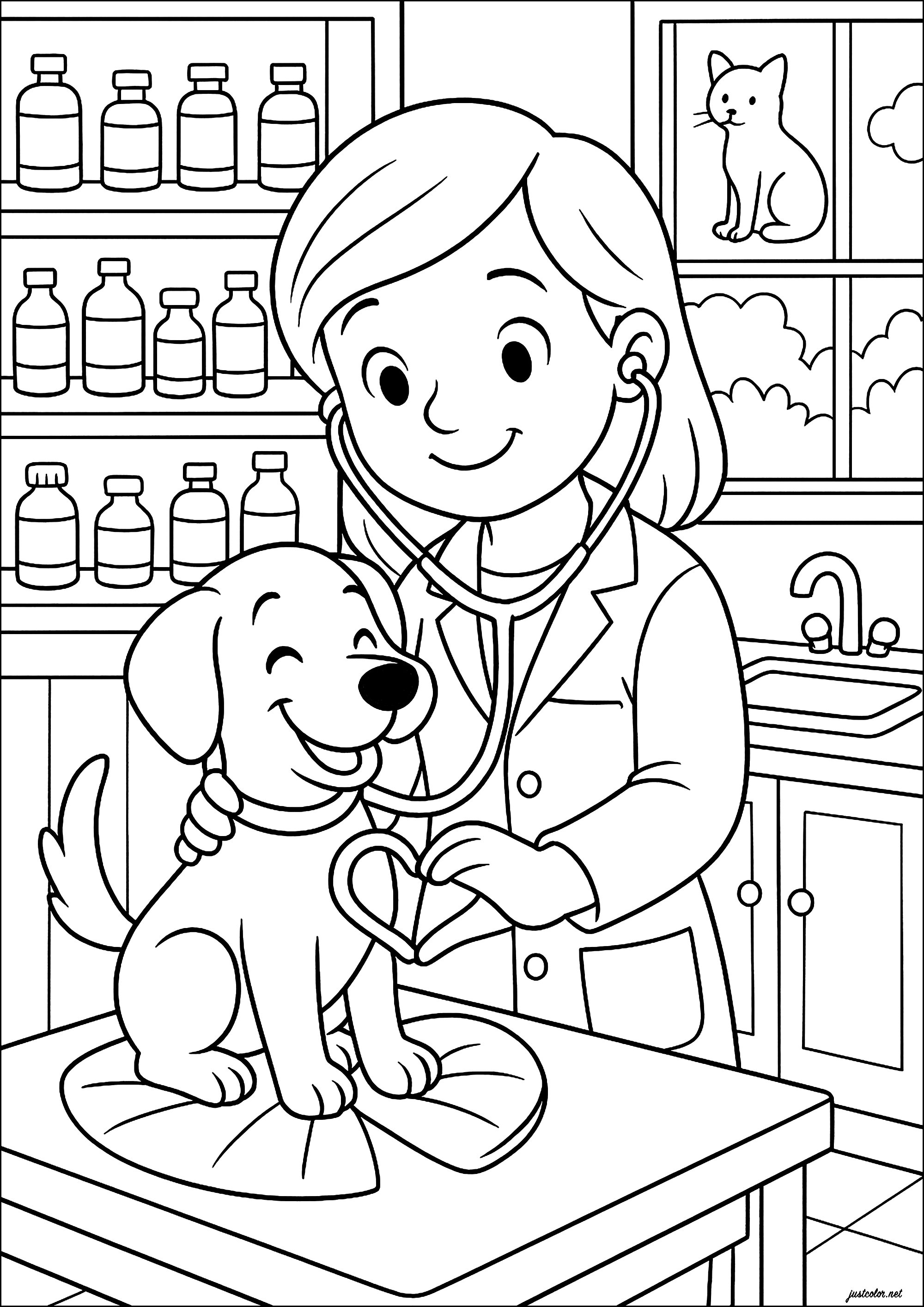 Von einer Tierärztin oszillierter Hund (Ausmalbild von Berufe zum Ausdrucken und Ausmalen für Kinder)