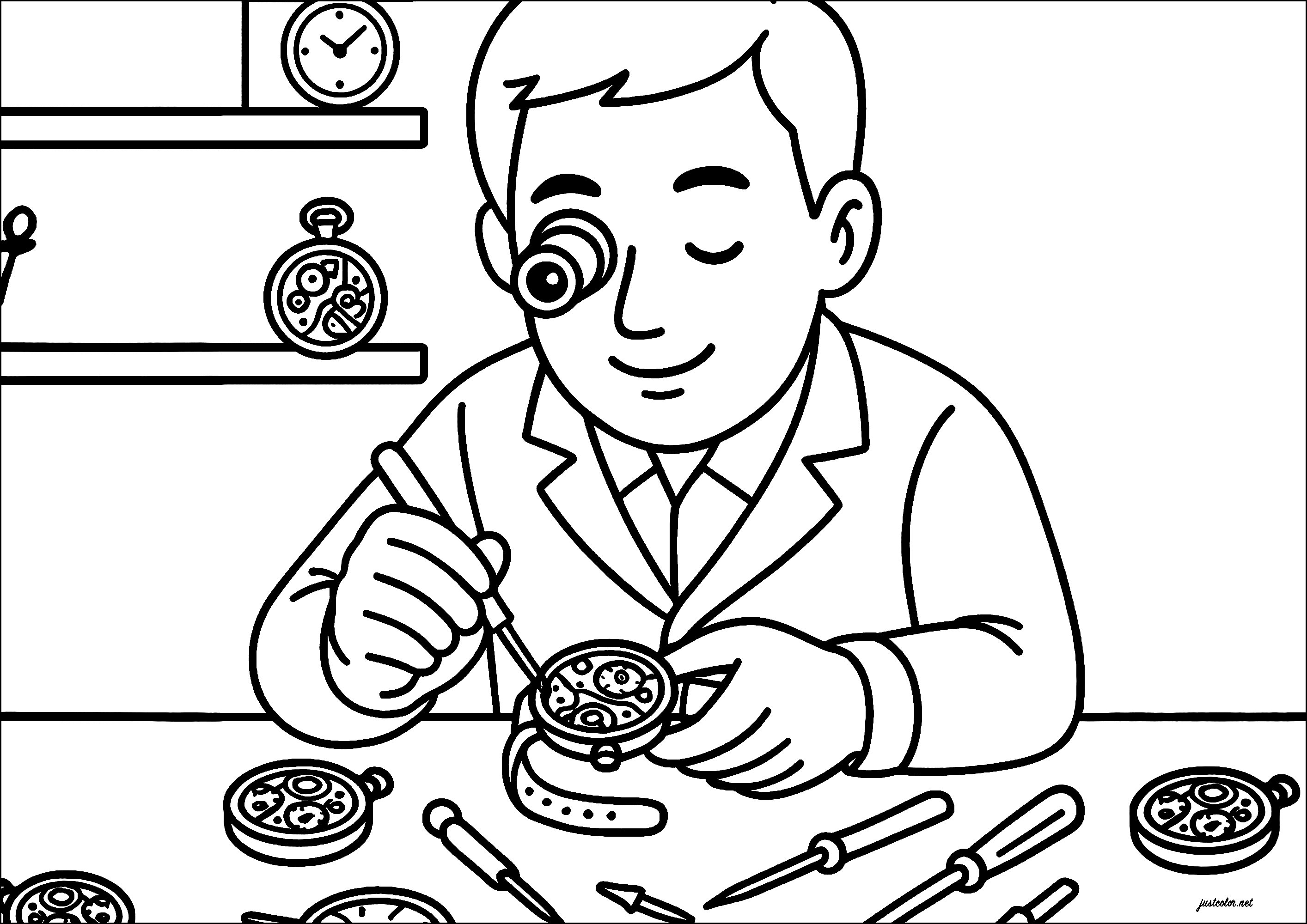 Uhrmacher, der eine Uhr mit einer Lupe repariert (Ausmalbild von Berufe zum Ausdrucken und Ausmalen für Kinder)