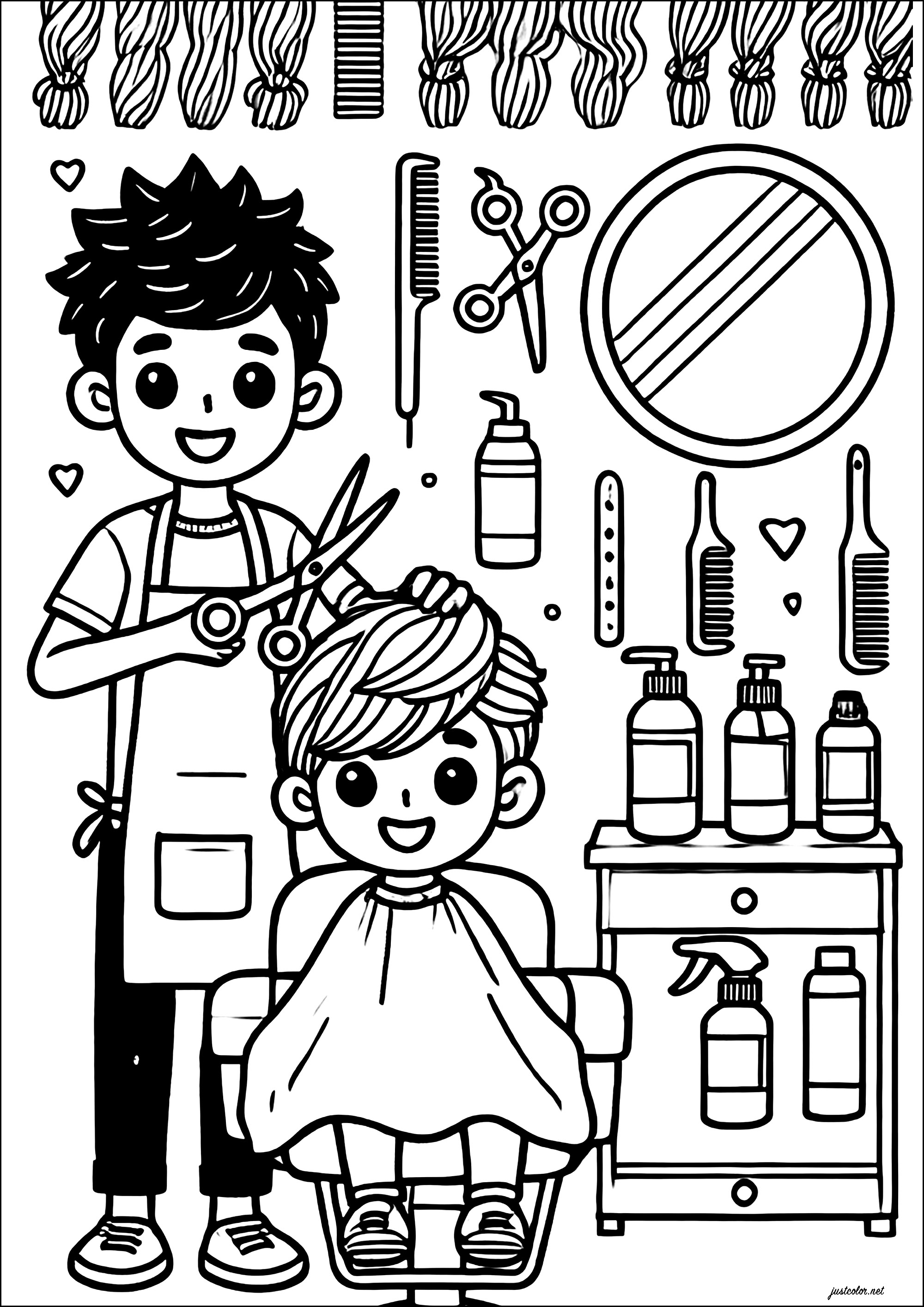 Friseur und seine Utensilien (Ausmalbild von Berufe zum Ausdrucken und Ausmalen für Kinder)