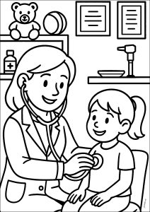 Doktor oszilliert ein kleines Mädchen (Ausmalbild von Berufe)