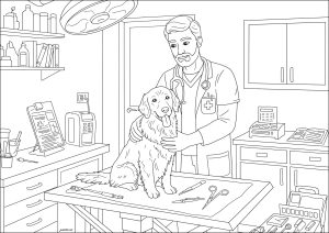 Wunderschöne Zeichnung eines Tierarztes mit einem Hund (Ausmalbild von Berufe)
