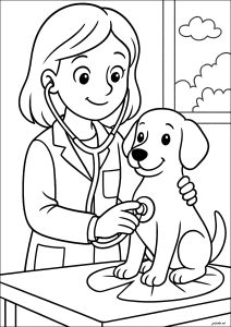 Tierarzt pflegt einen Hund (Ausmalbild von Berufe)